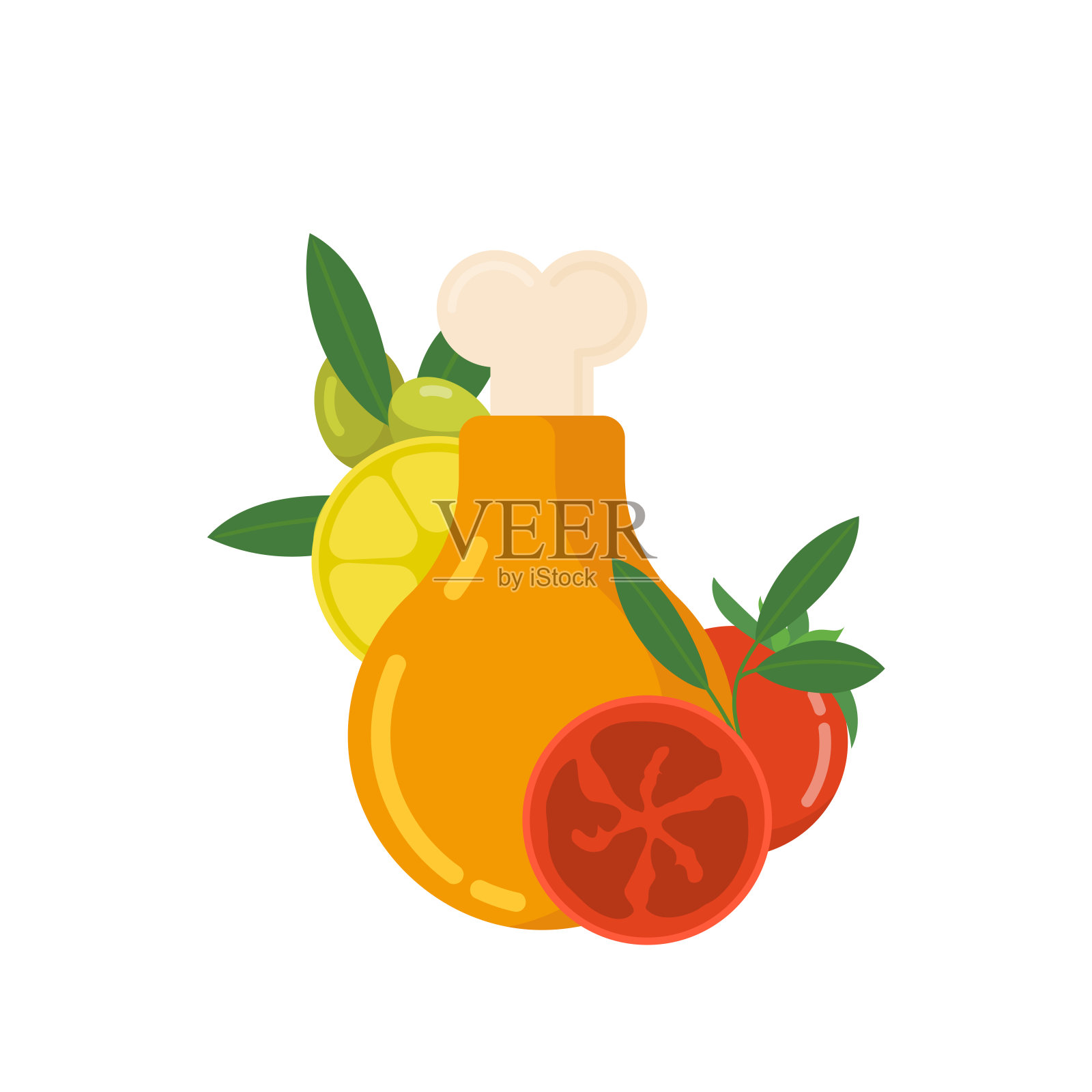 烤火鸡腿装饰西红柿，柠檬和橄榄感恩节在白色孤立的背景。设计元素图片
