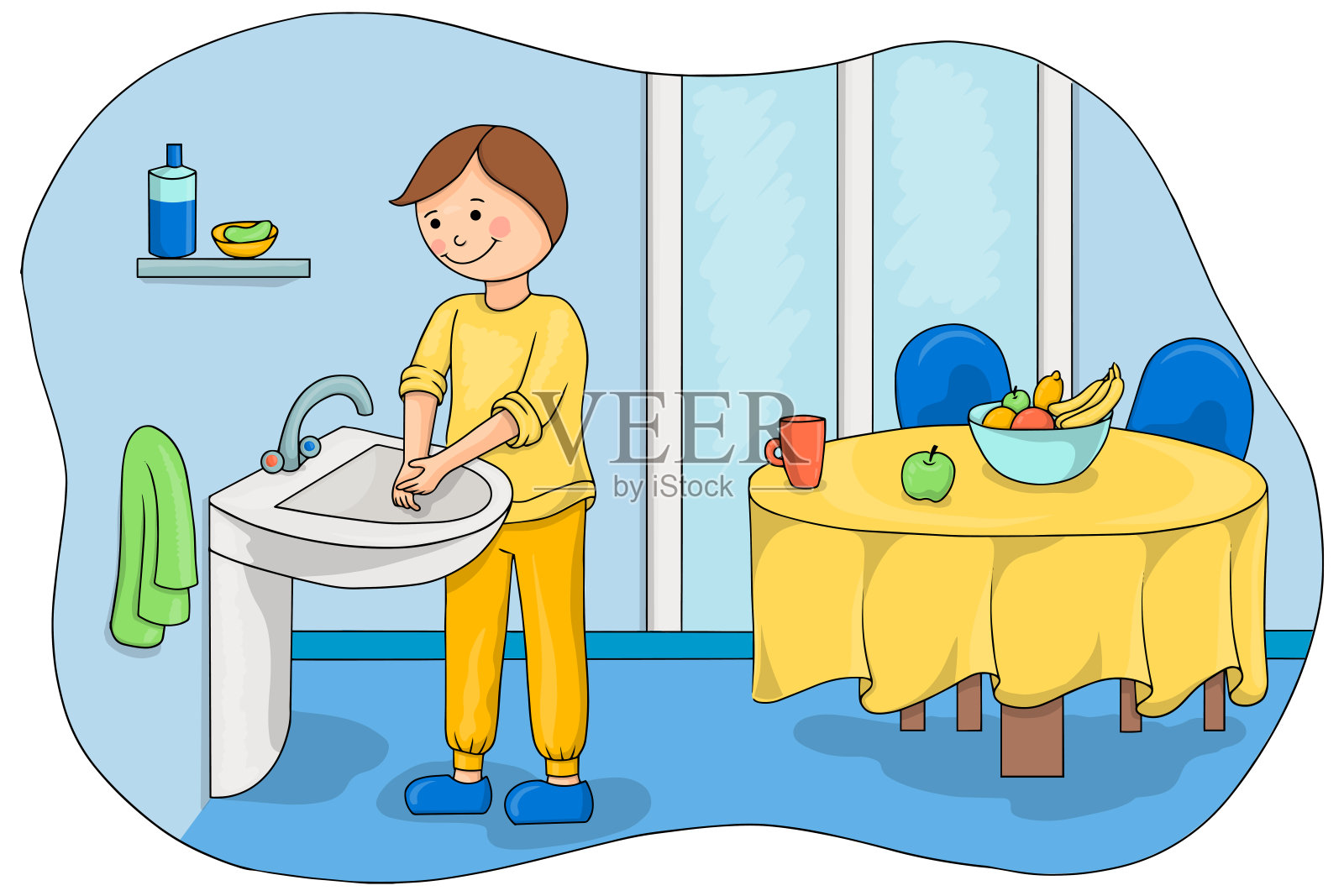 男孩吃饭前洗手。儿童矢量图设计元素图片