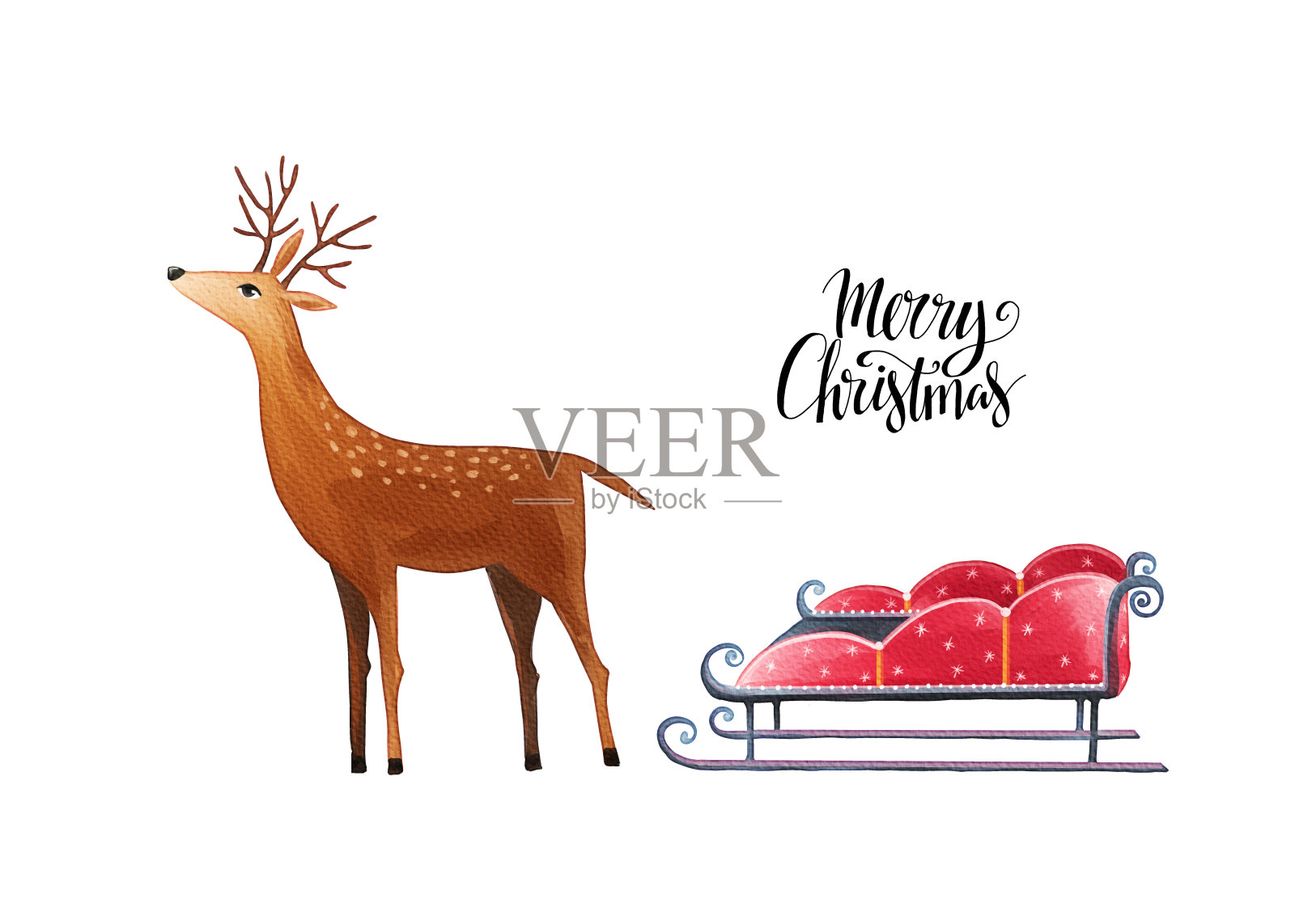 水彩鹿，雪橇孤立的白色背景。圣诞快乐手写文字插画图片素材