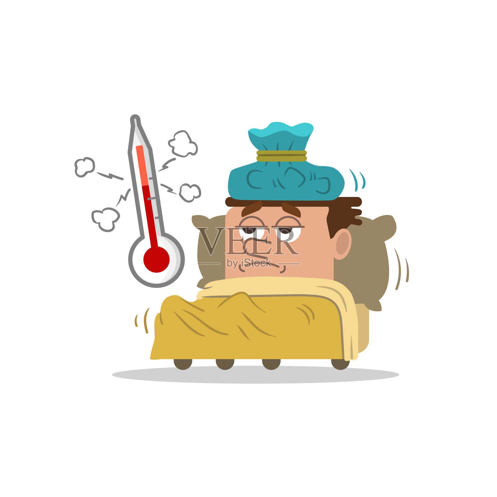 一个病人躺在床上，头上戴着冰袋和温度计。流感疾病。病人感冒了。坏人头痛。流感疾病的人。卡通矢量平面插图。设计元素图片