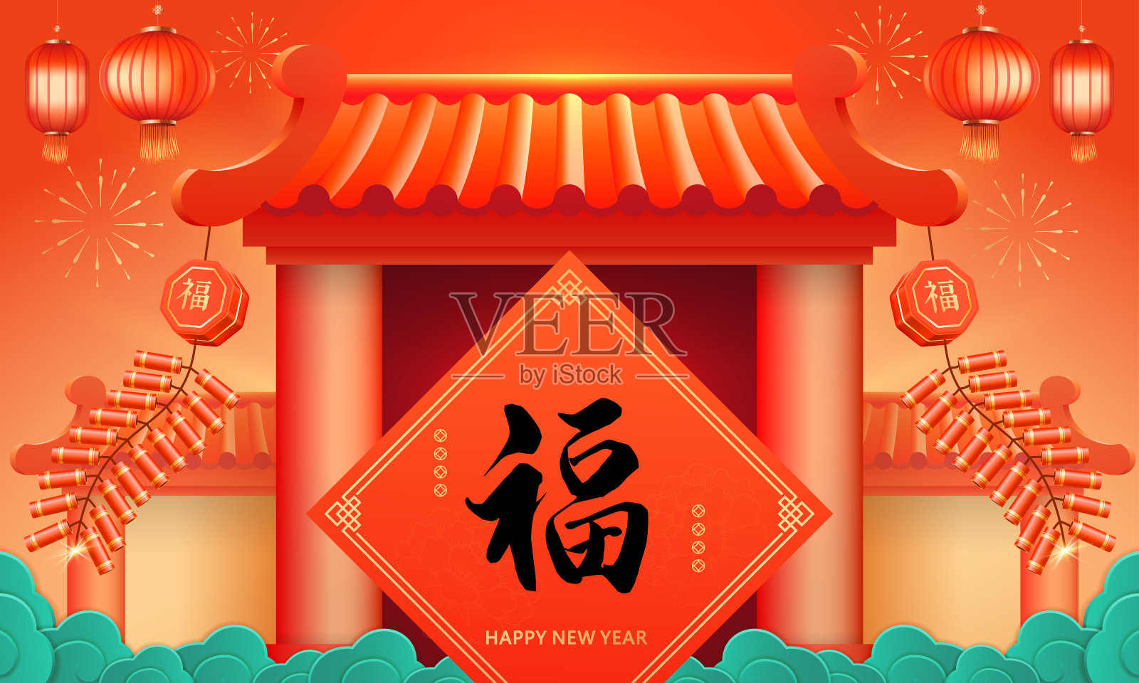 矢量插图庆祝中国新年，红灯笼和鞭炮挂在传统中国古代建筑，中国新年对联，汉字:福插画图片素材
