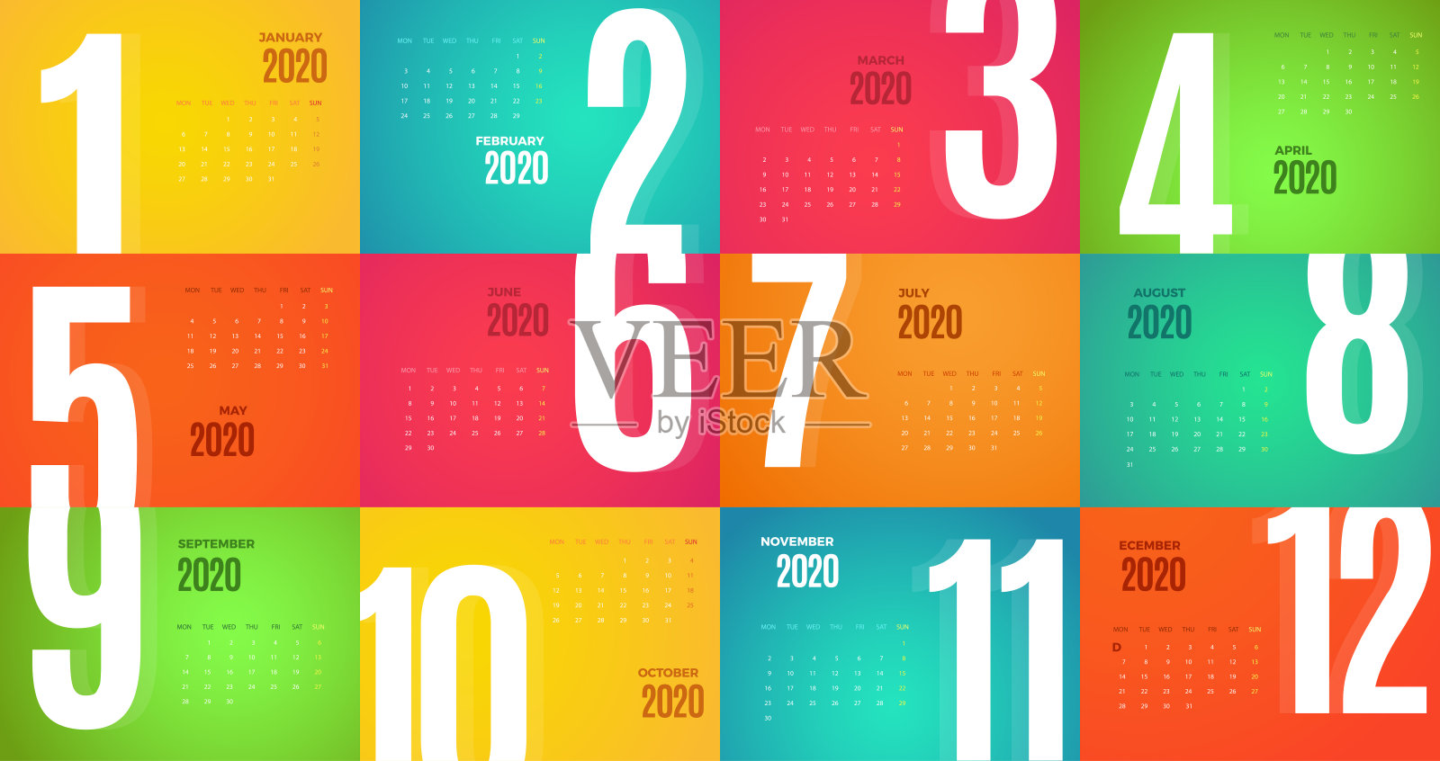 墙壁每月2020日历矢量彩色模板设计模板素材