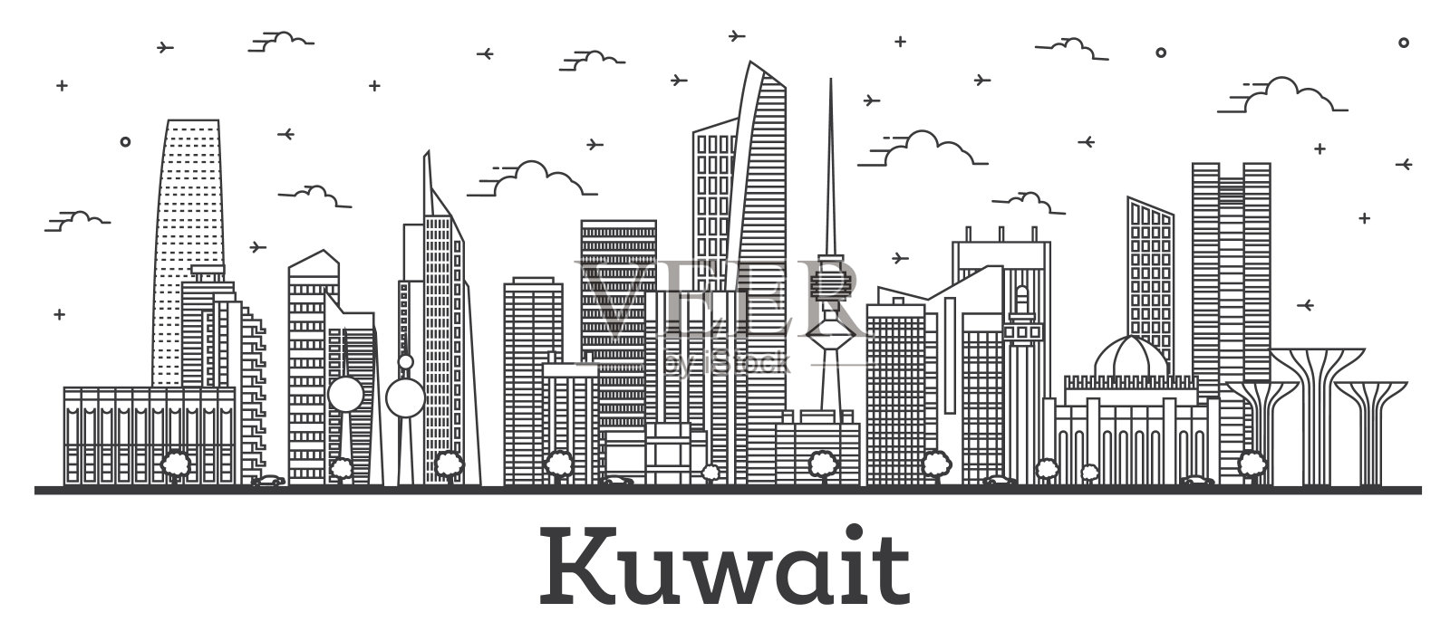 用白色隔离的现代建筑勾勒出科威特城市的天际线。插画图片素材