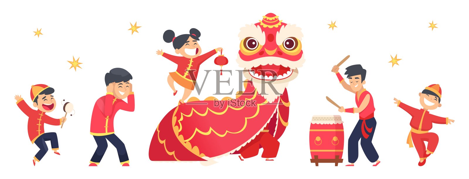 汉字。亚洲节日可爱的男孩女孩。孤立红龙，狂欢事件矢量插图插画图片素材