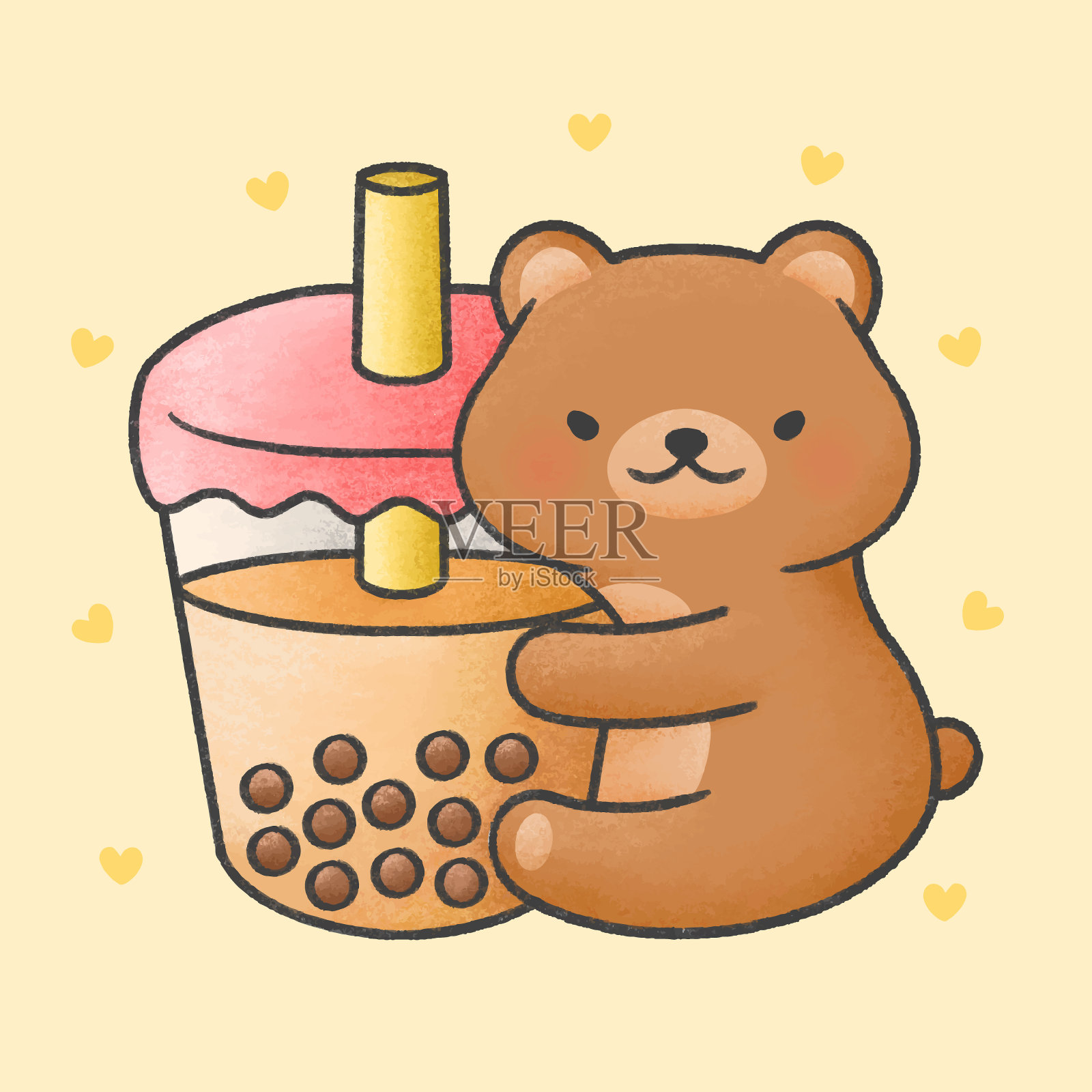 可爱的熊抱泡泡奶茶新鲜饮料卡通手绘风格插画图片素材