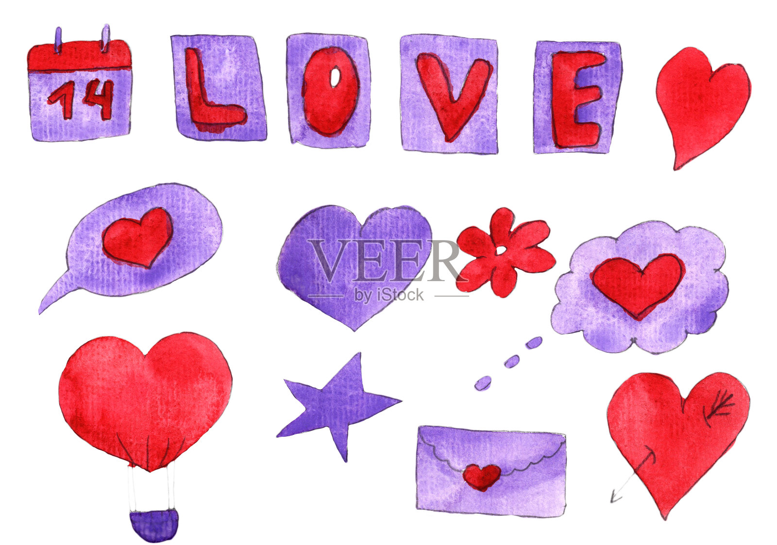 手绘简单孤立的元素。水彩情人节套装。红色和紫色的涂鸦收藏。爱和浪漫。日历，心，思想泡泡。爱的信息。贺卡。设计模板素材