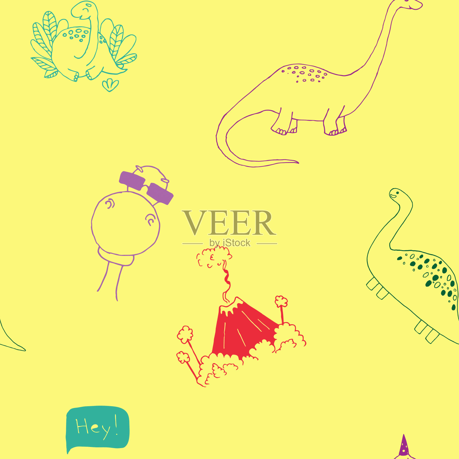 矢量插图无缝模式与恐龙在黄色的背景。t恤上印有男孩图案，儿童设计。儿童纺织品和织物插画图片素材