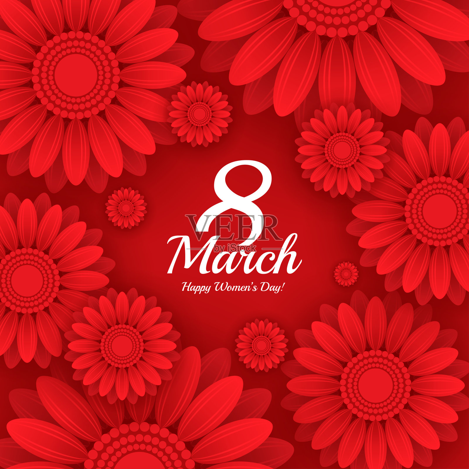 广场3月8日贺卡。横幅模板与祝贺-妇女节快乐。红色的花孤立在深红色的背景上。平的风格。纸艺术风格。插画图片素材