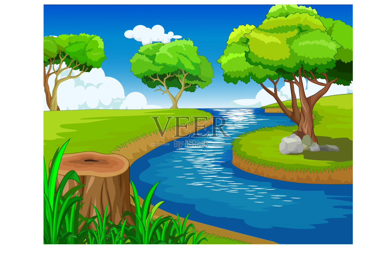 美丽的风景河流，树木，和草地的视野卡通插画图片素材