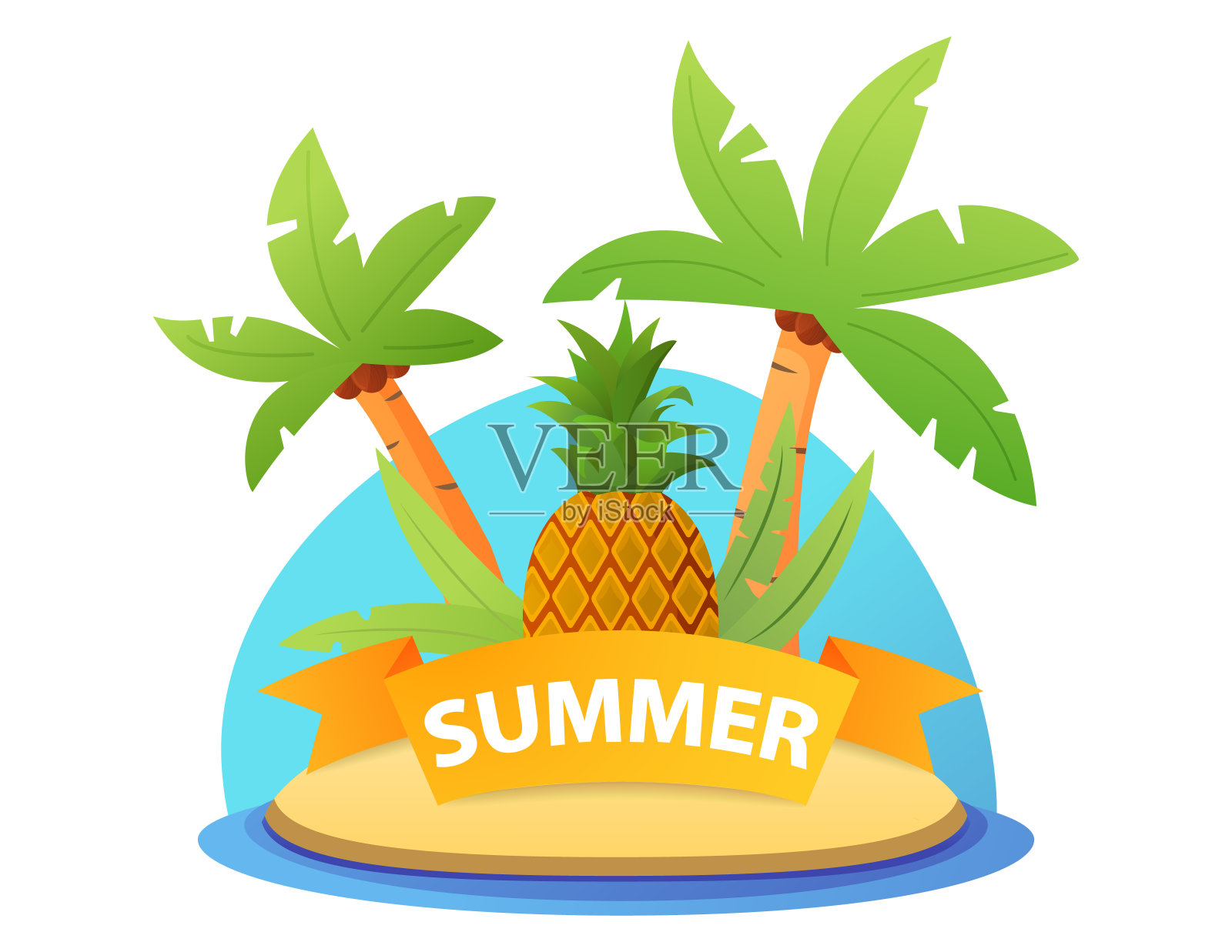 带有菠萝丝带的横幅。夏季热带概念与棕榈树。设计元素图片