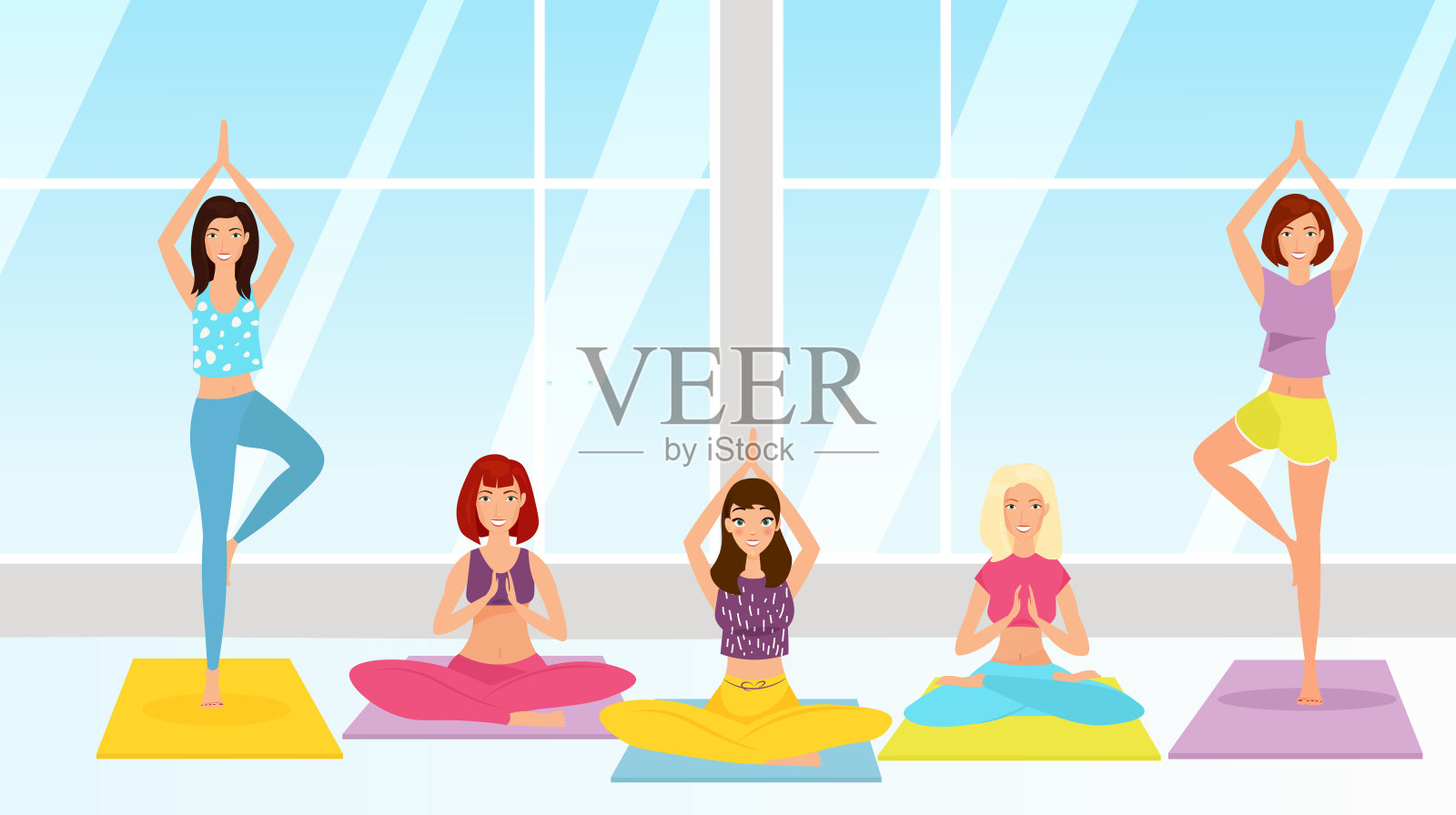 瑜伽课平面矢量插图。女孩们坐着摆莲花姿势。女性角色在彩色地毯上练习体式。冥想和放松的概念。人们做运动，集体训练。插画图片素材