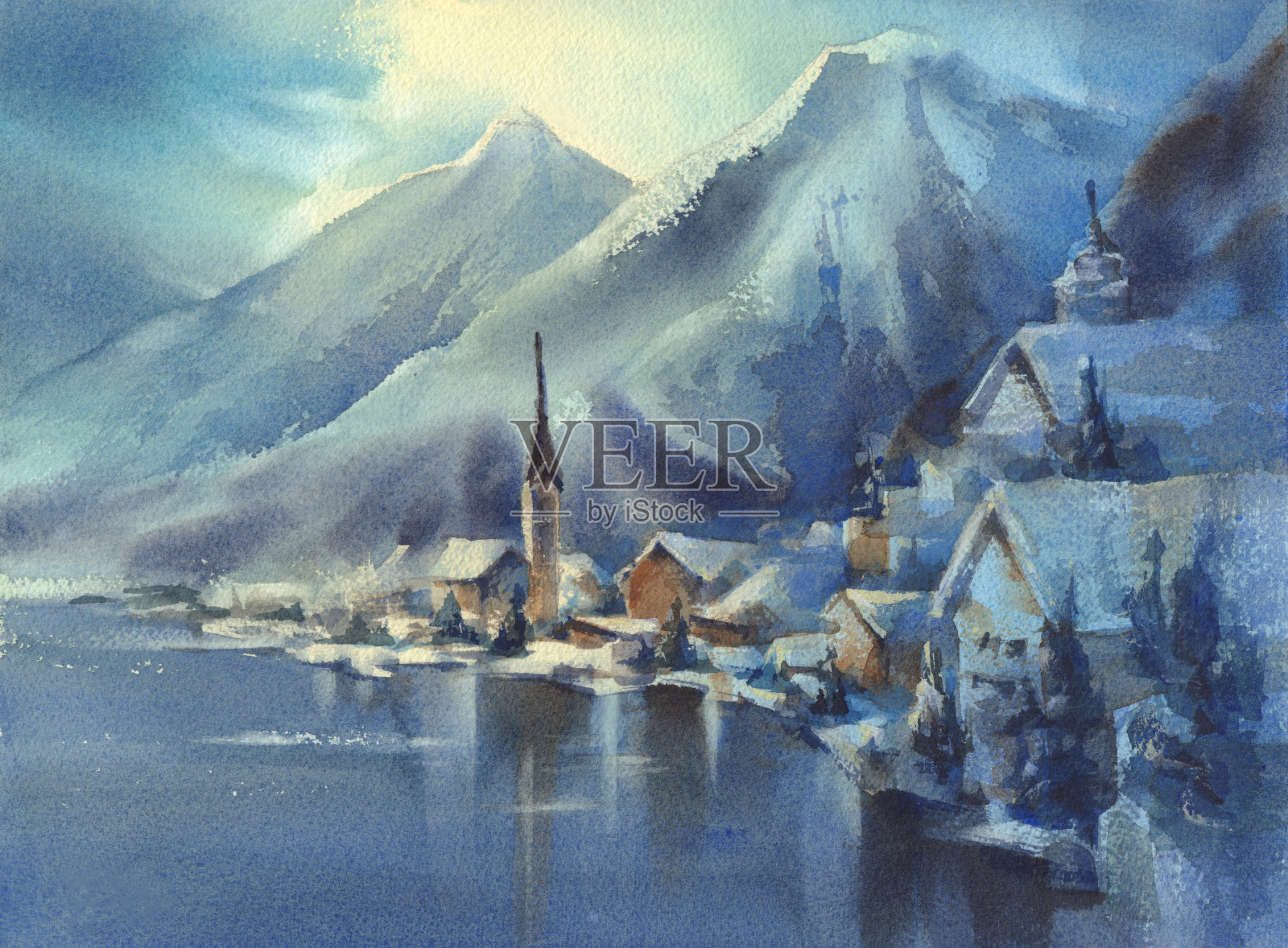 冬天在阿尔卑斯山脉水彩画景观与树木和山谷插画图片素材