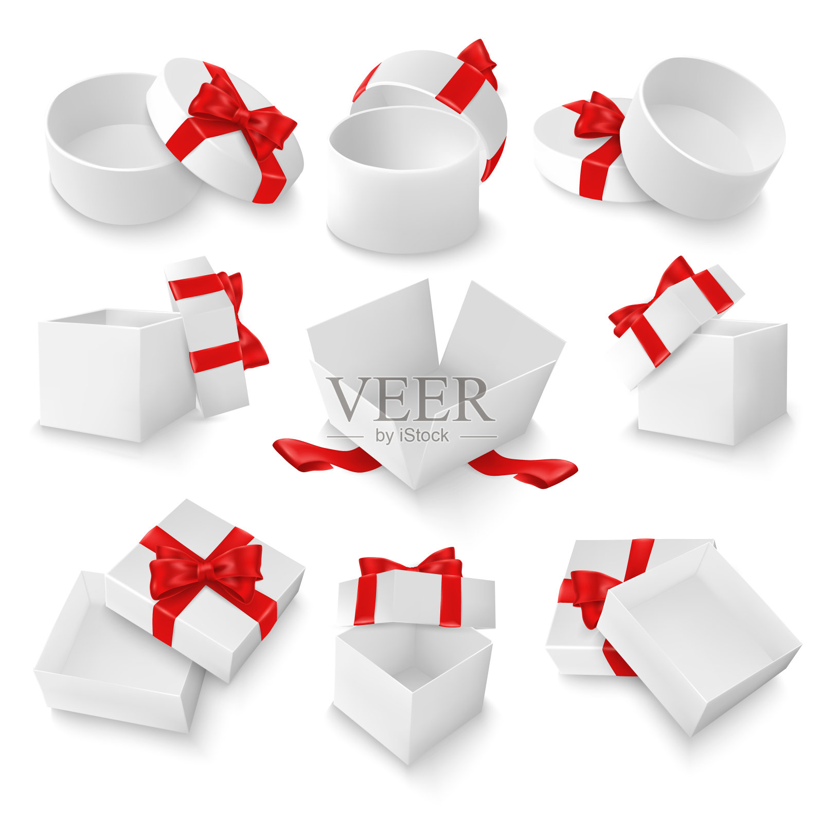 625 _1808.m10.i312.n003.p.c25.727692988礼品盒。白色打开的礼物空盒子与红色蝴蝶结和丝带。圣诞节和情人节矢量模板设计元素图片