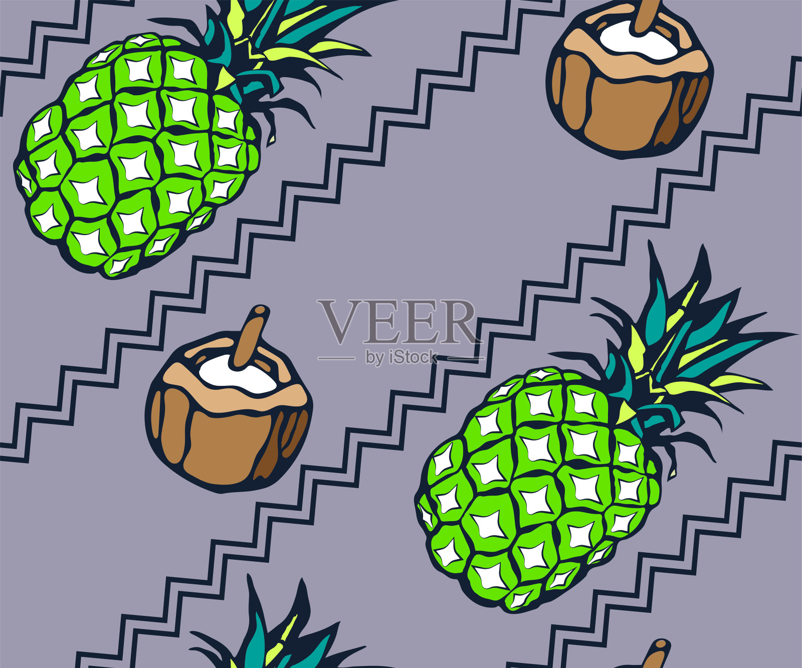 抽象的菠萝无缝图案。创造性的背景与几何图形。有趣的纺织品和织物墙纸。时尚风格。五彩缤纷的亮插画图片素材