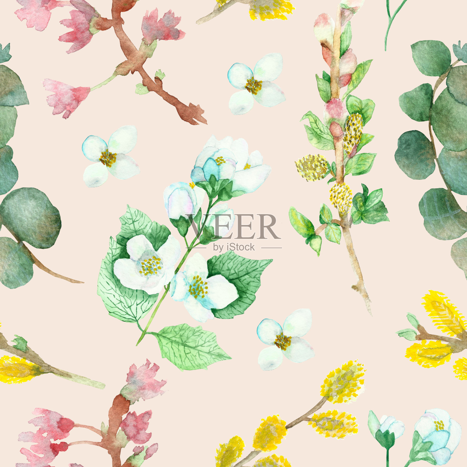 水彩手绘自然花卉无缝图案与绿色的桉树，黄色的柳枝，白色的茉莉花和粉红色的花苹果花孤立在粉红色的背景插画图片素材