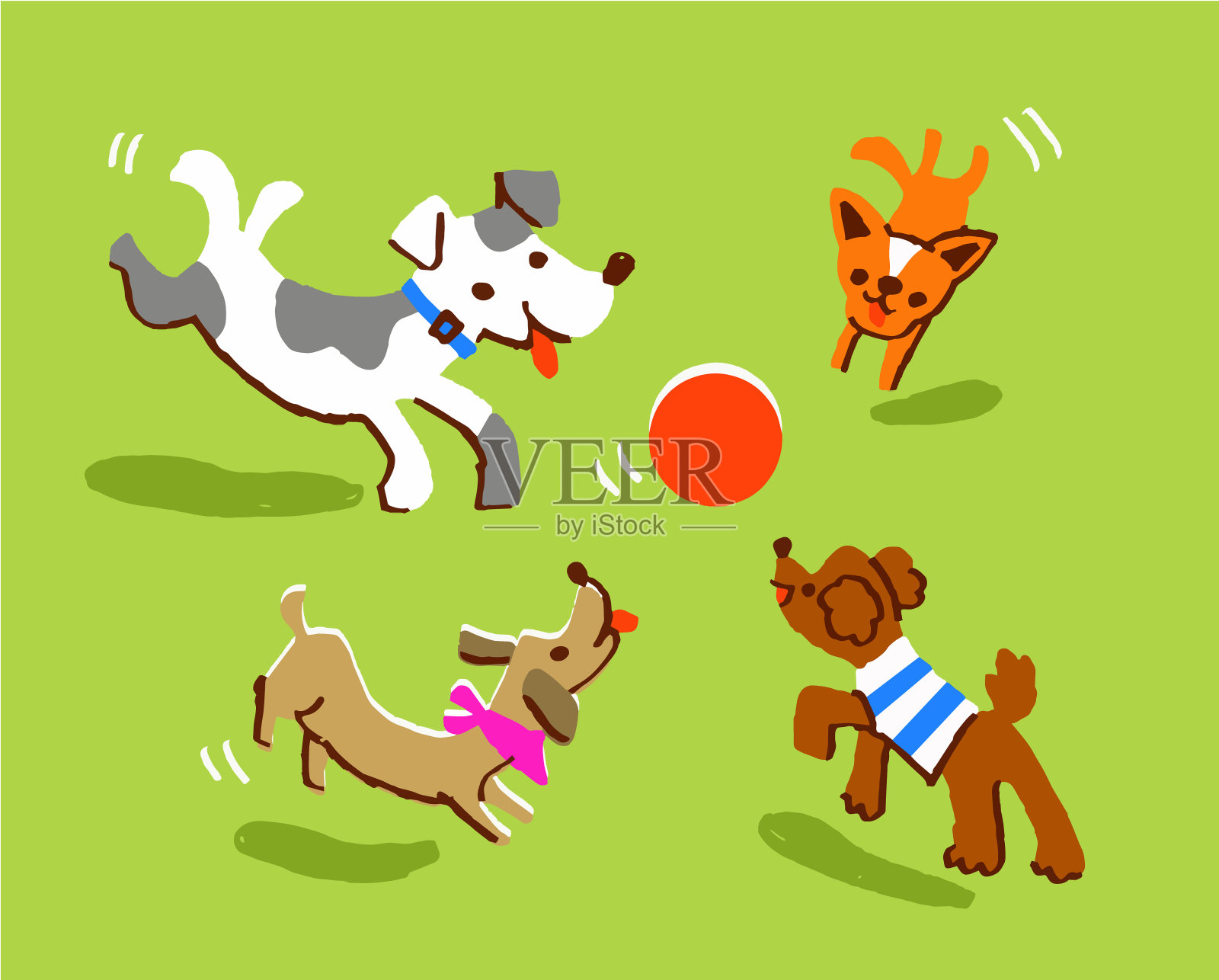 四只狗在玩球插画图片素材