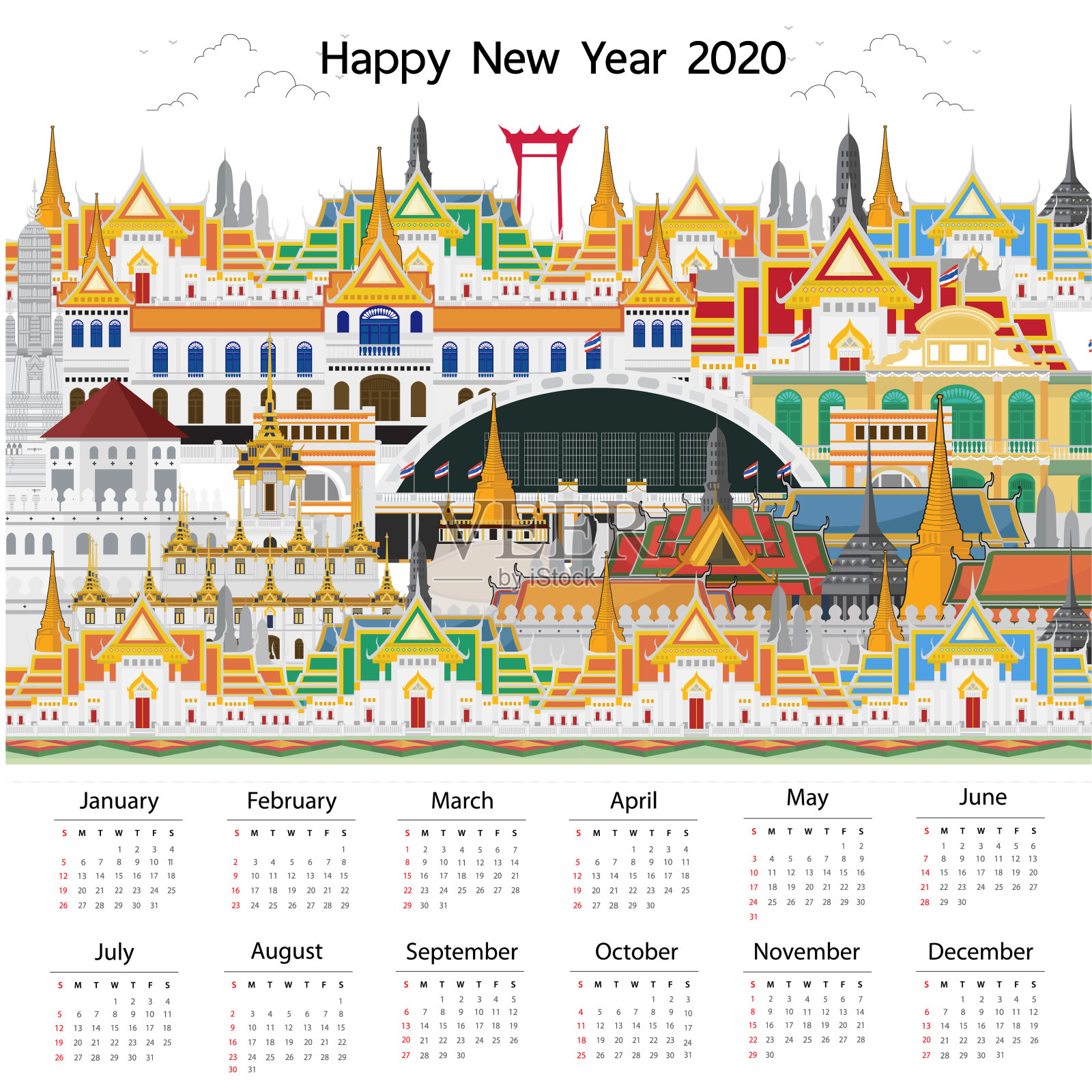 日历2020新潮。泰国皇家和地标插画图片素材