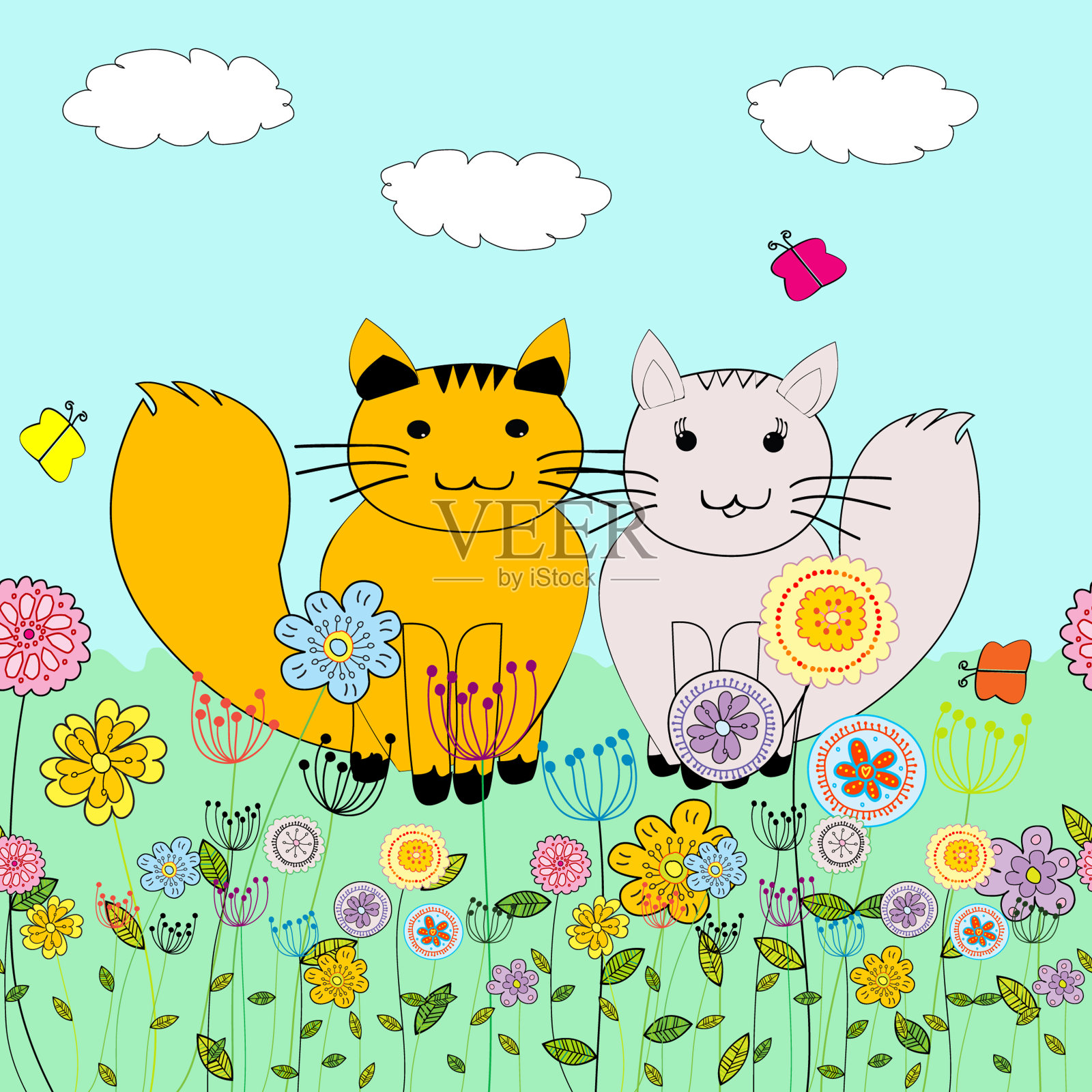 背景是两只卡通猫在鲜花和蝴蝶的草地上相爱插画图片素材