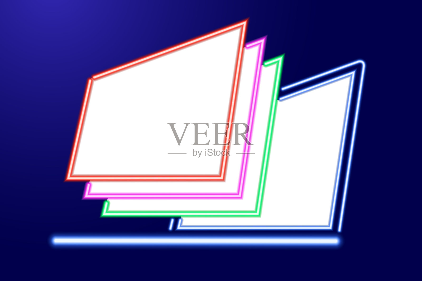 响应页面空，笔记本电脑布局与空白屏幕和空白的网络线框图从发光的蓝色，红色，粉红色和绿色霓虹灯发光线。用于显示自适应的web项目。插画图片素材