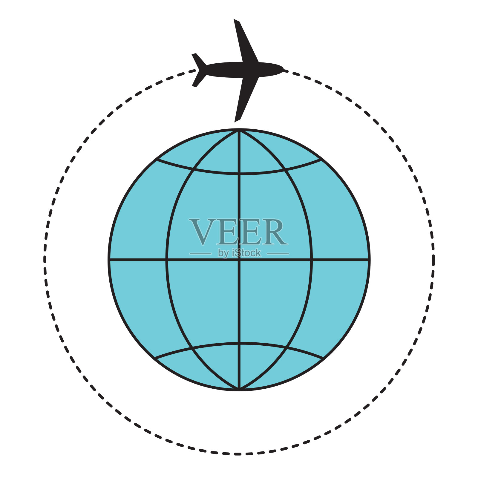 飞机沿轨道飞行。行星地球与平面围绕。矢量平面插图孤立在白色背景上。飞机旅行。设计元素图片