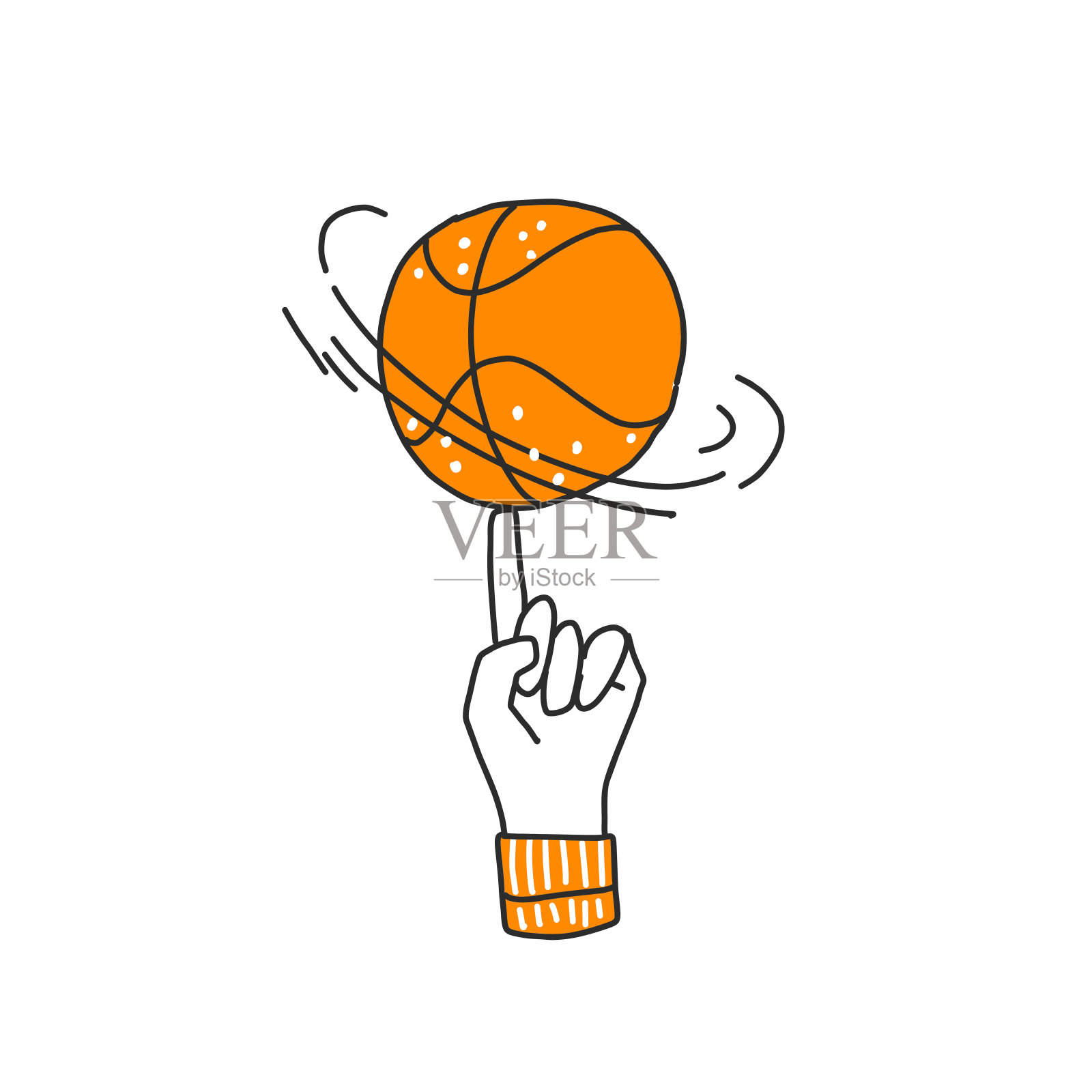 矢量手画篮球在手指上的插图。职业篮球比赛的诀窍。旋转篮球在一个手指上，矢量草图划线图标孤立在白色插画图片素材