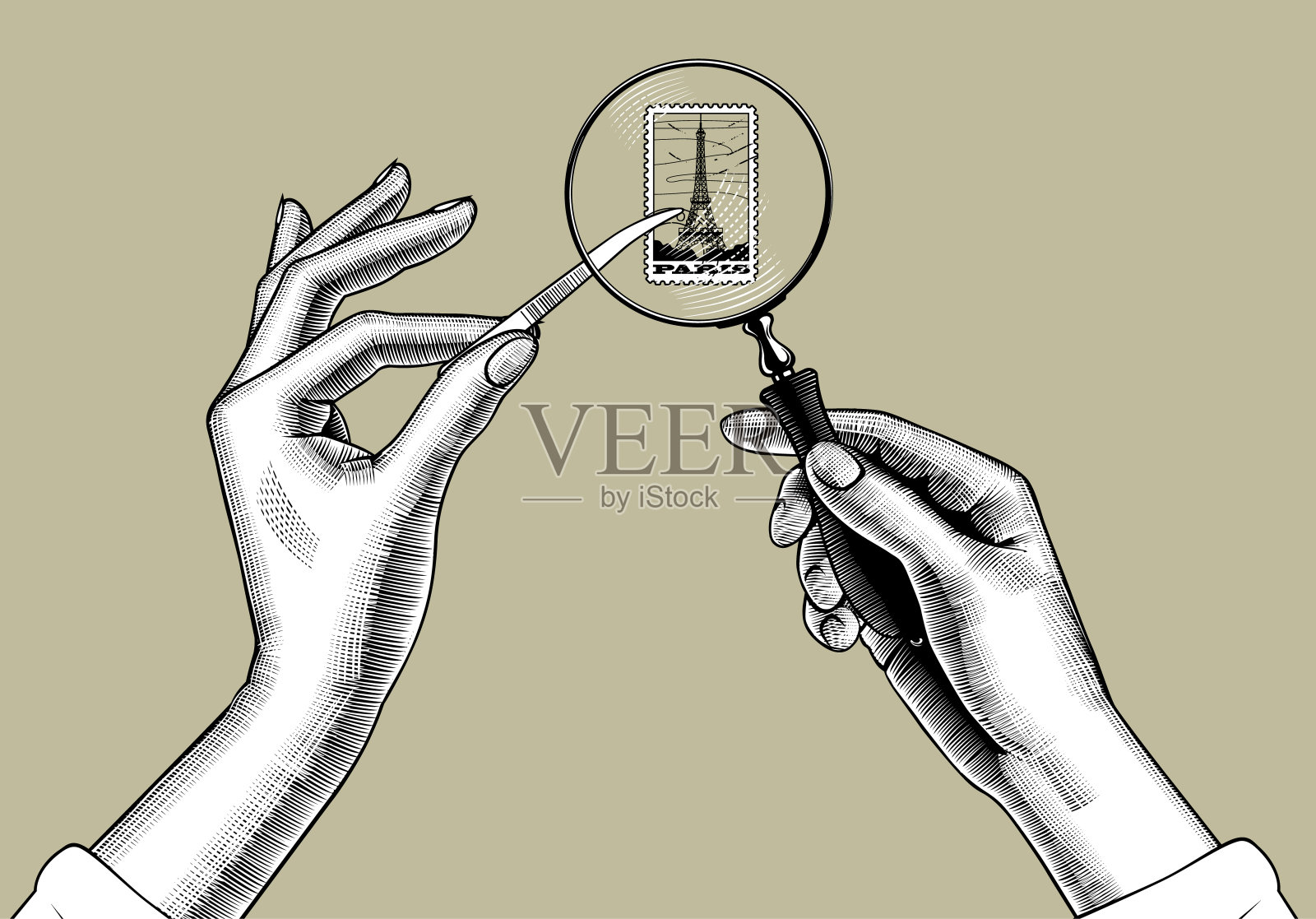 女人手里拿着放大镜，邮票上印着埃菲尔铁塔设计元素图片