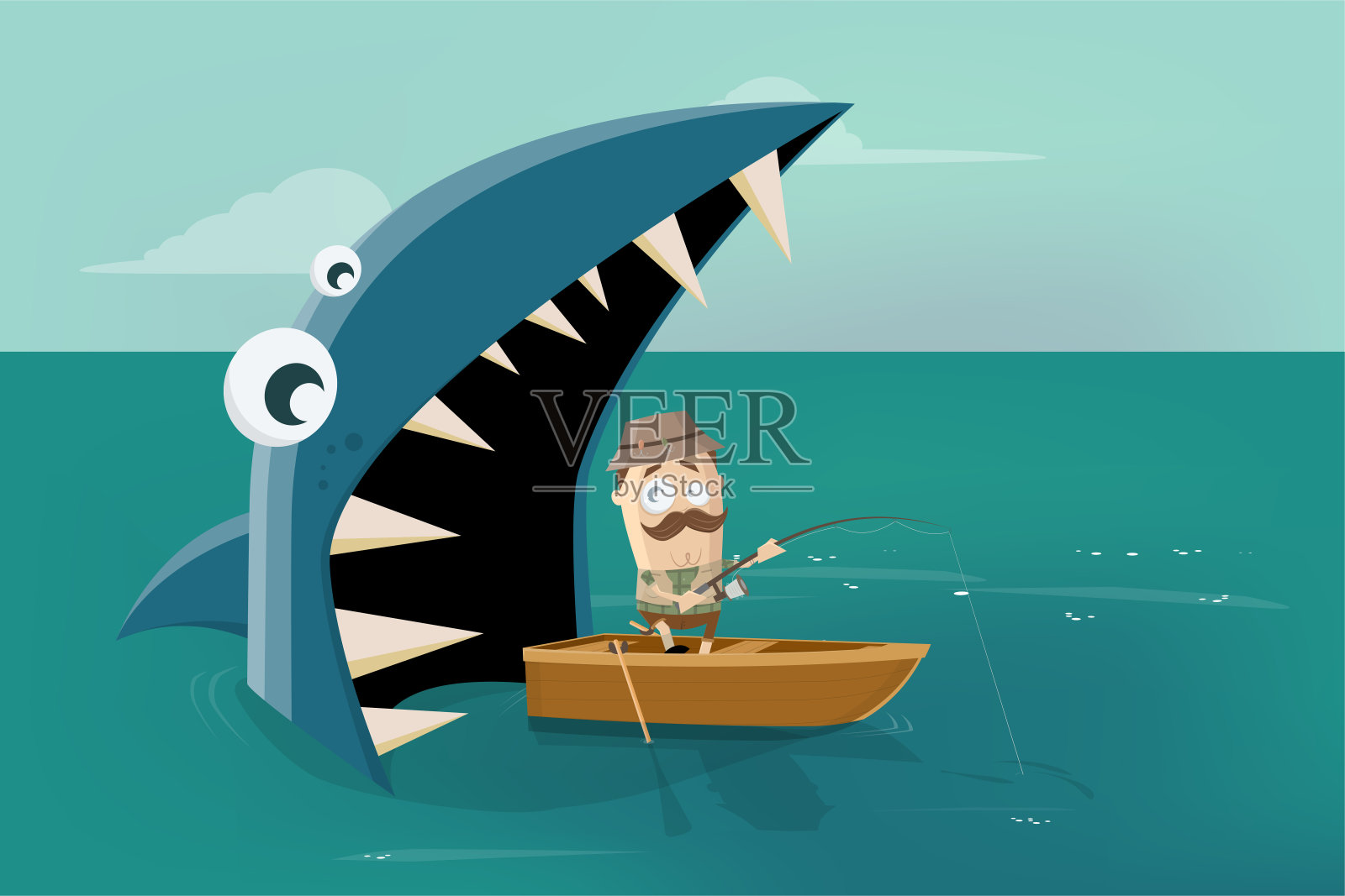 吃船的可爱鲨鱼插图(鲨鱼、轮船、游轮、动物)儿童插图_北极熊素材库