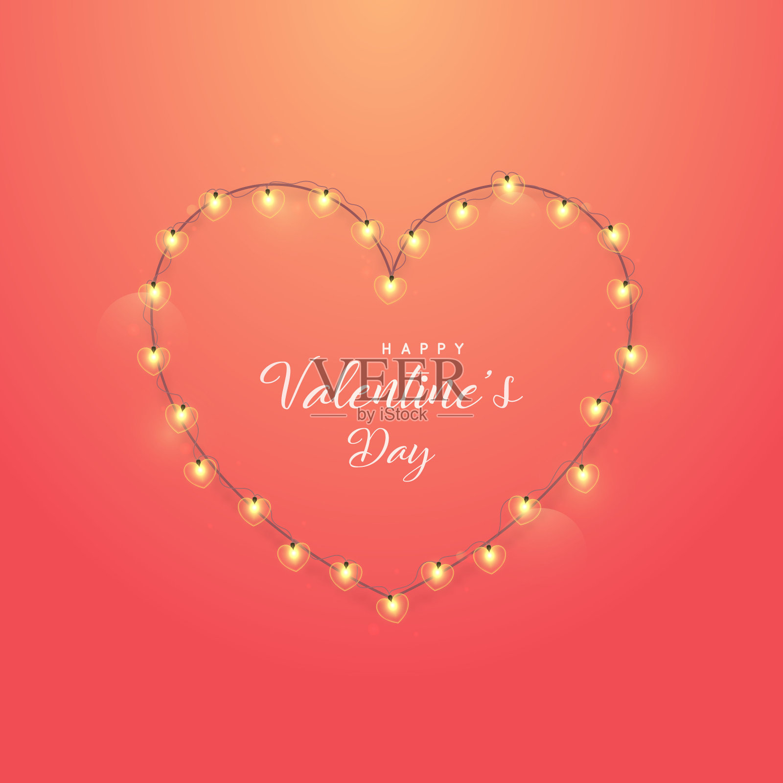 红色背景上有爱心的贺卡。现实的照明花环。情人节快乐。股票矢量插图。插画图片素材