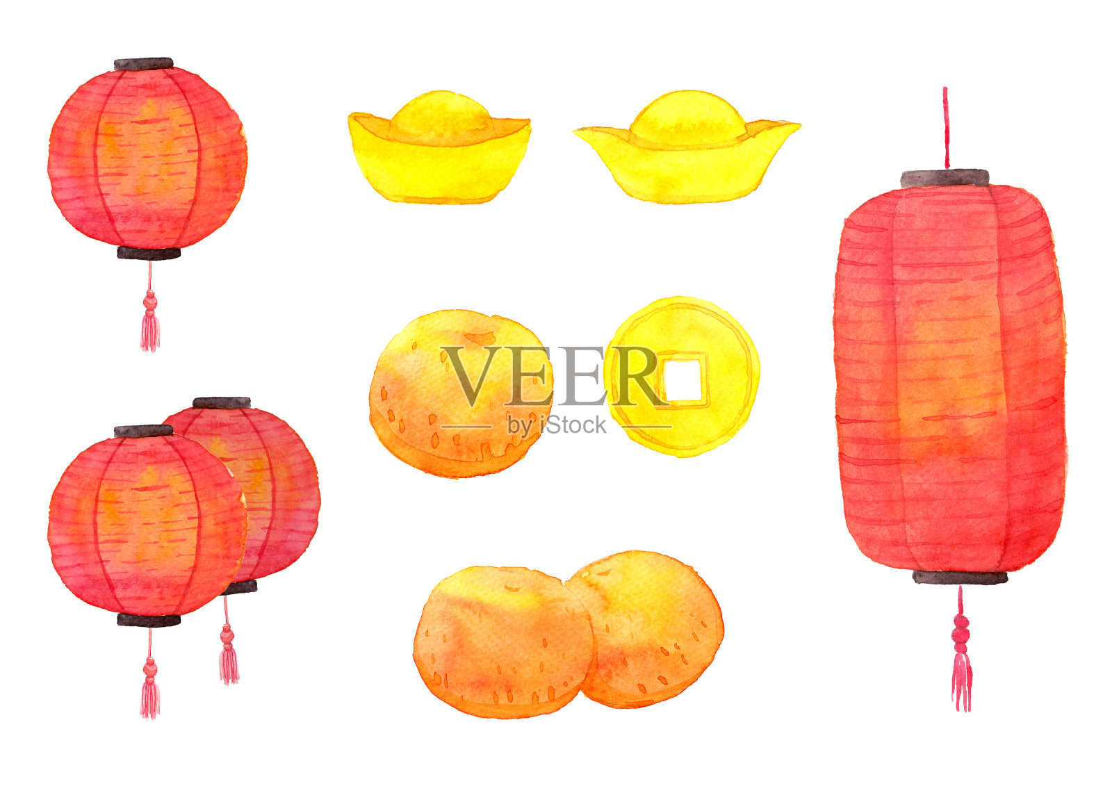 东方喜庆元素水彩设计，橘子，灯笼，金币。插画图片素材
