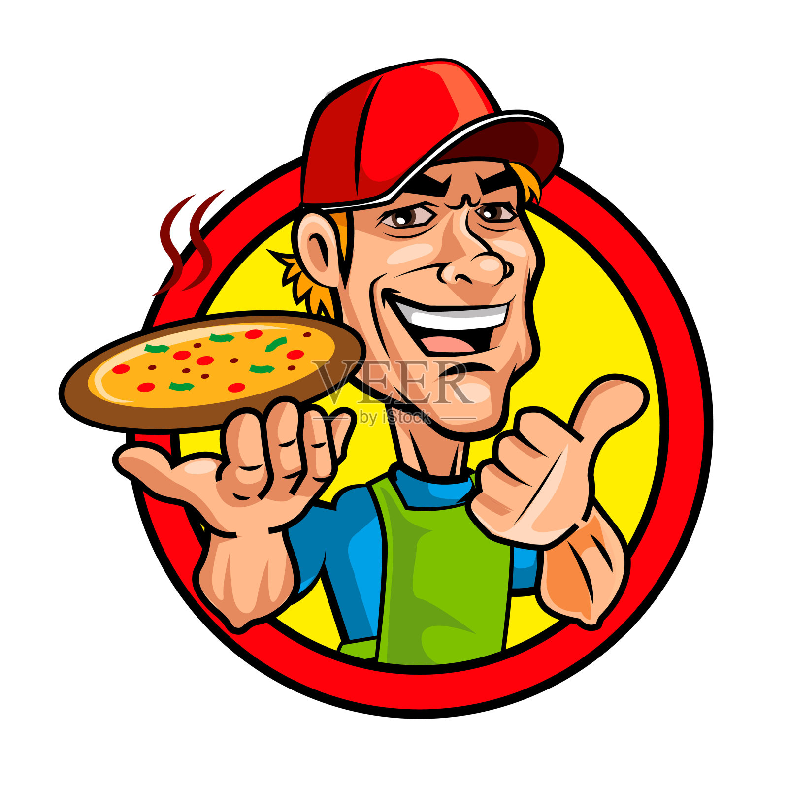 披萨厨师戴着红帽子，拿着美味的披萨，好手势。矢量吉祥物角色插画插画图片素材