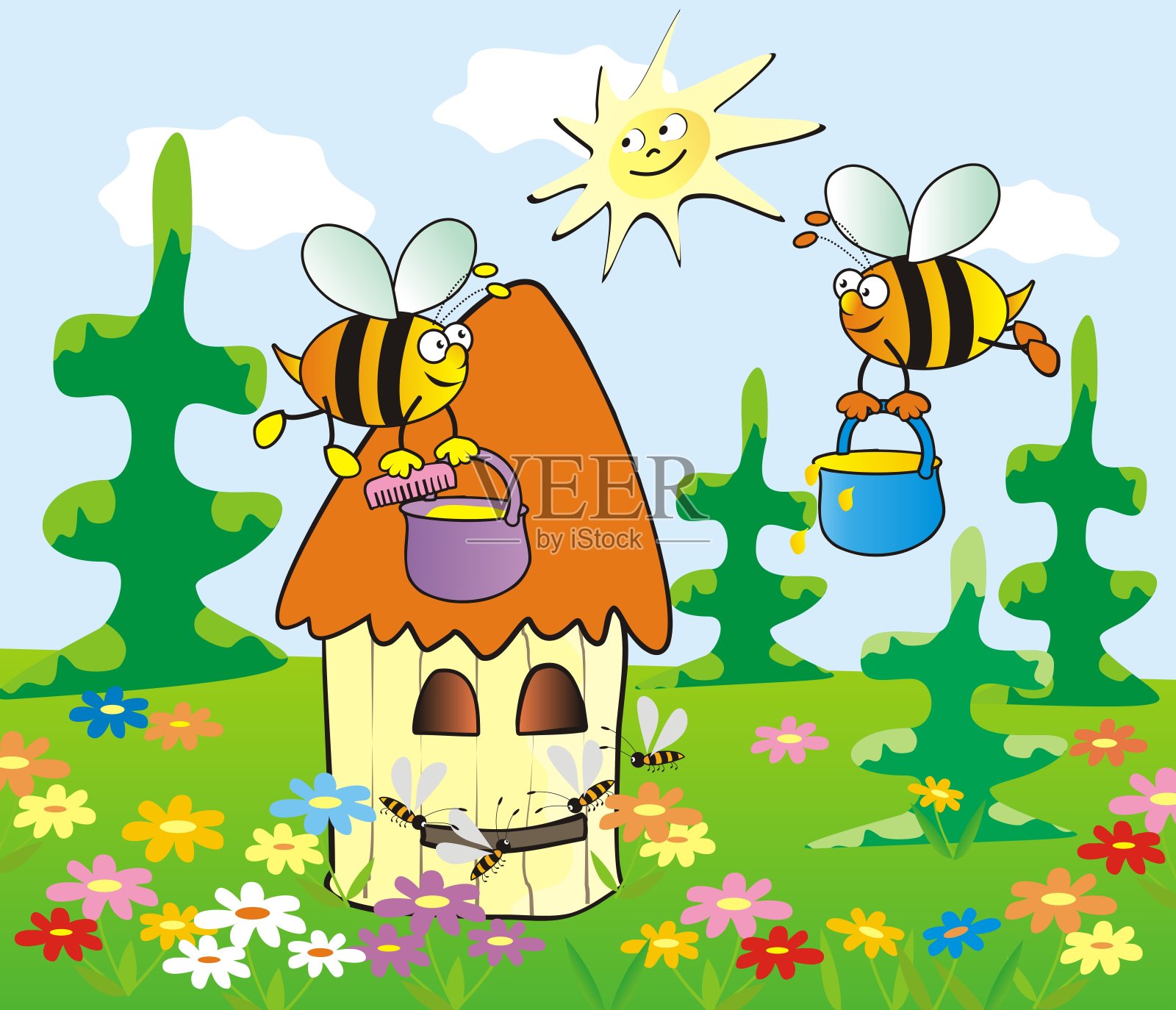森林蜜蜂和蜂巢，eps。插画图片素材
