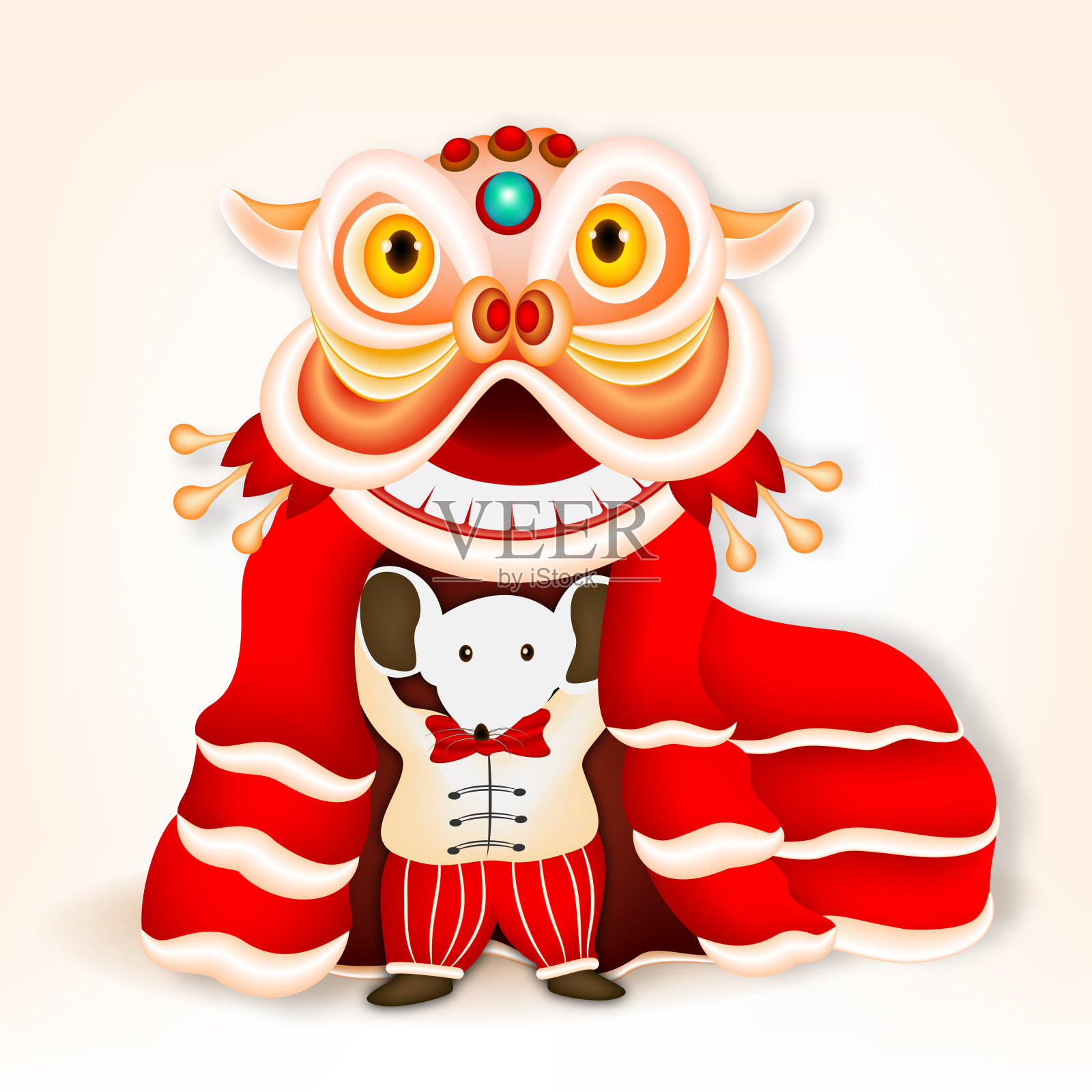 中国新年舞狮与中国老鼠隔离在光背景。插画图片素材