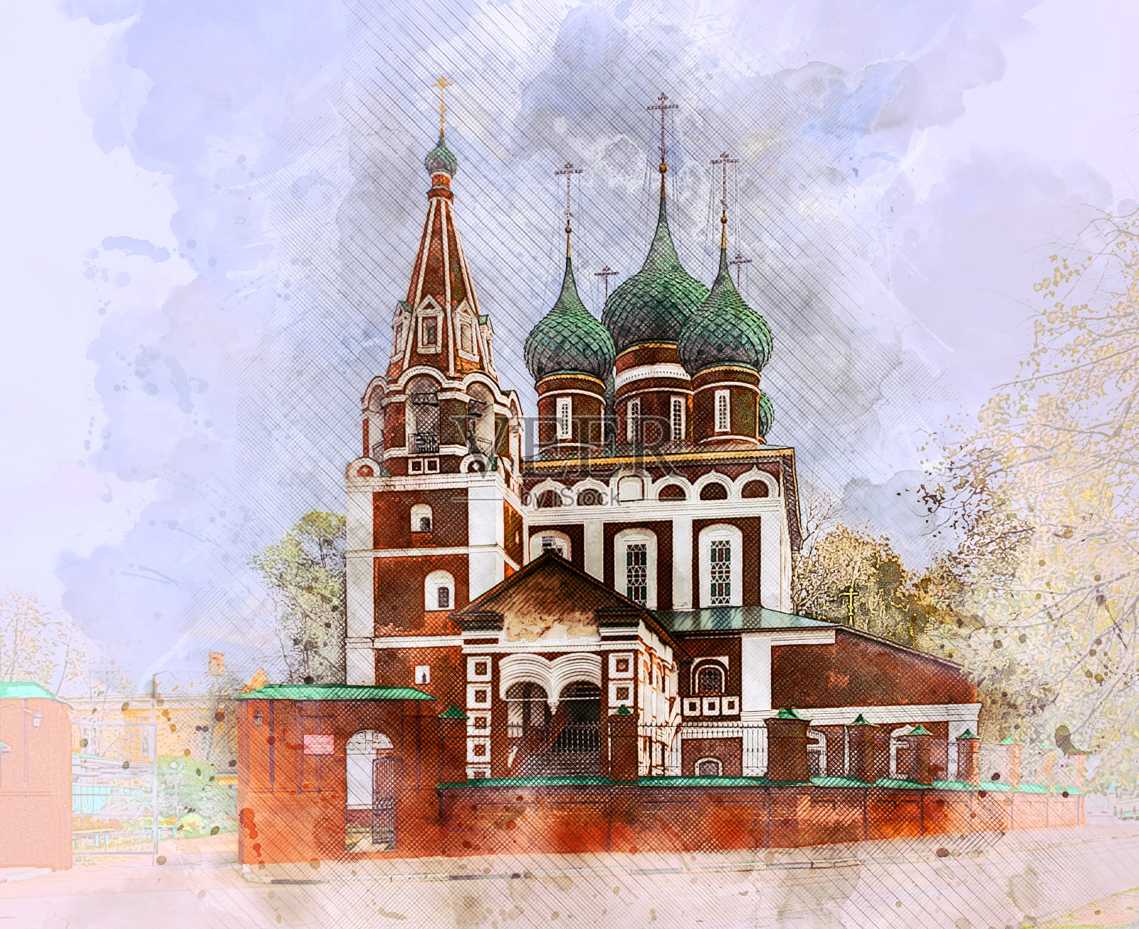 雅罗斯拉夫尔的大天使迈克尔教堂。金戒指,俄罗斯。插画图片素材