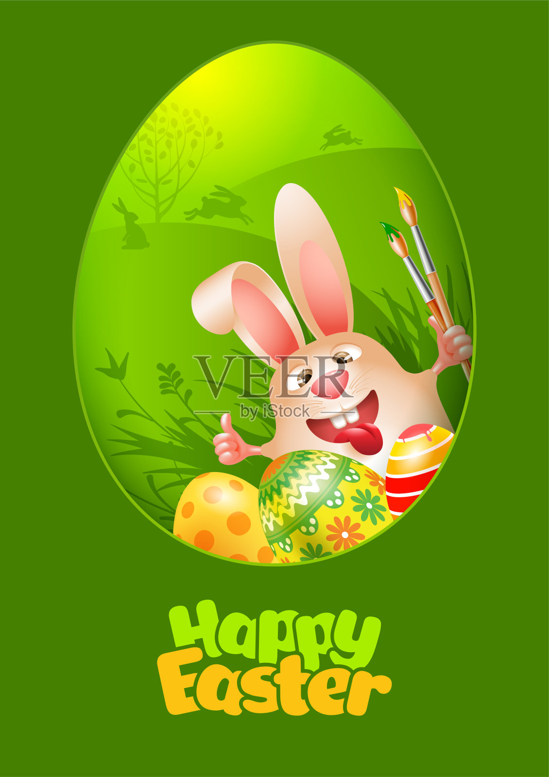 复活节兔子与艺术画笔和彩色蛋插画图片素材