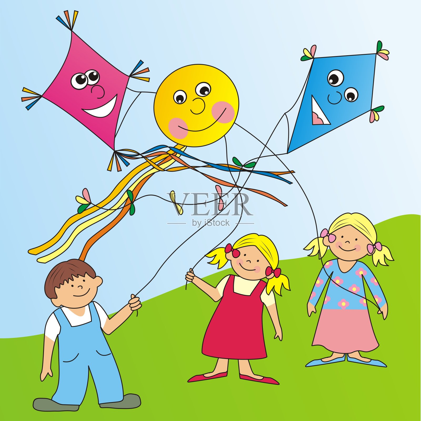 儿童和风筝，矢量插图插画图片素材