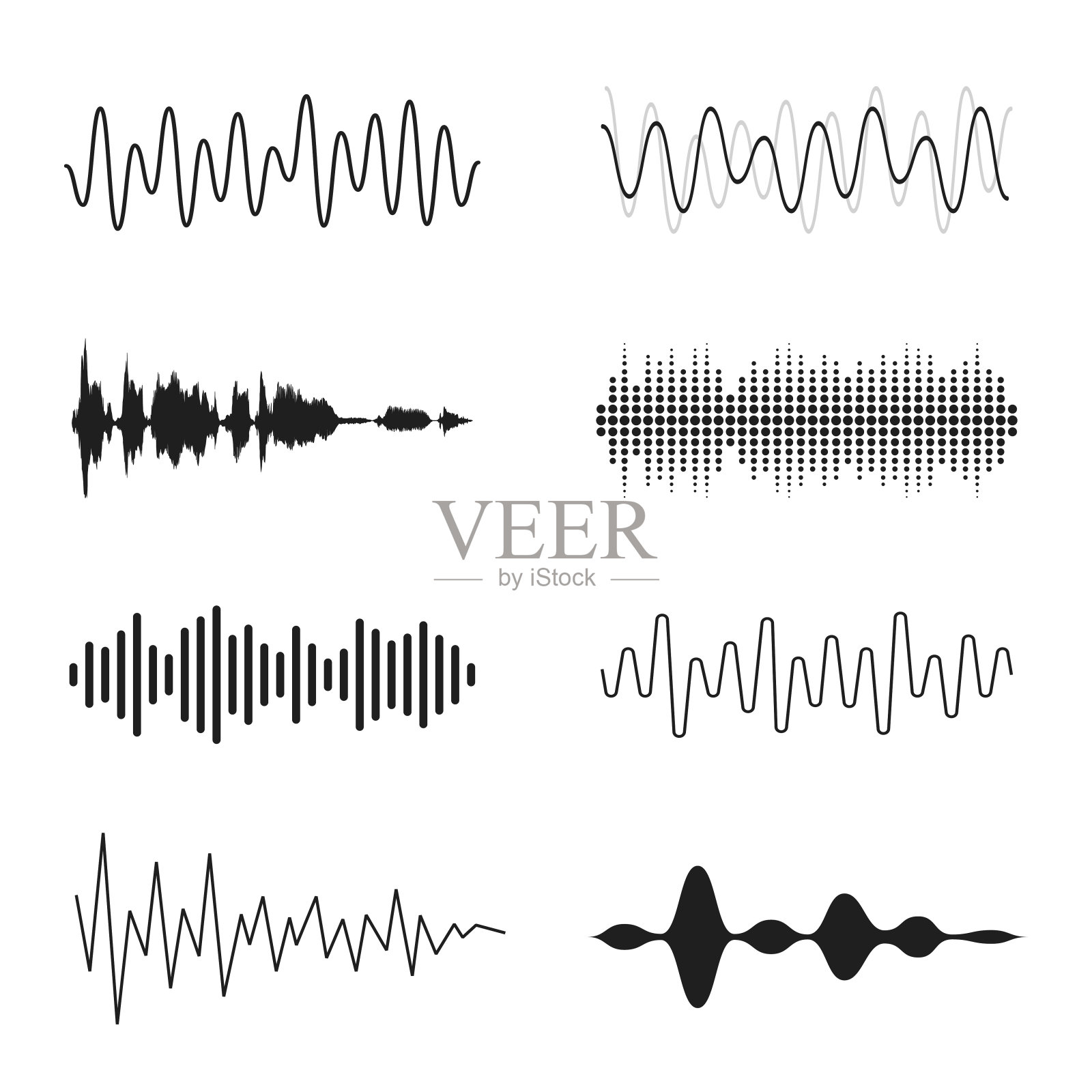 一组声波。模拟和数字线路波形。音乐声波，均衡器和录音的概念。电子声音信号，录音设计元素图片