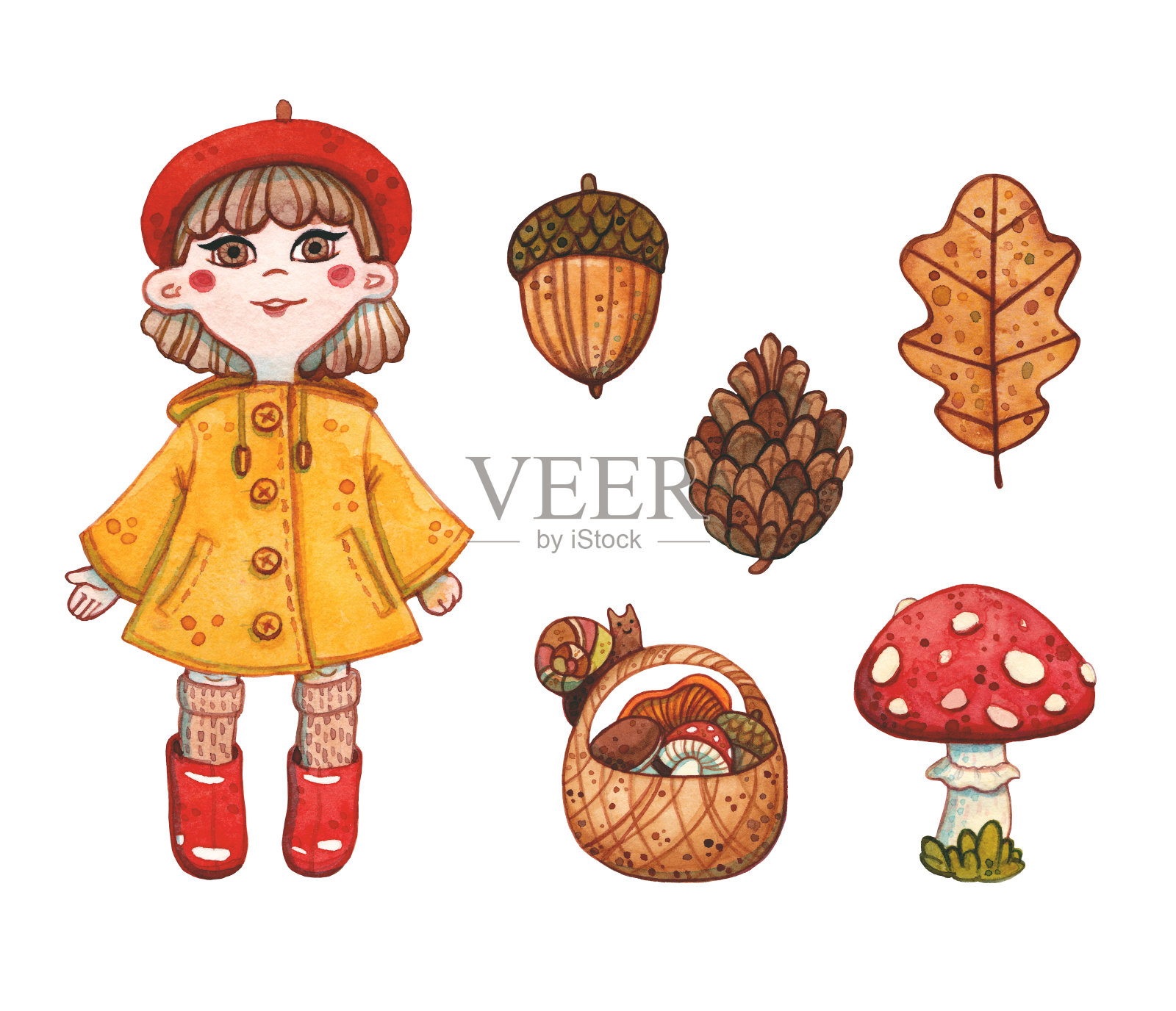 秋集少女在采蘑菇的季节插画图片素材