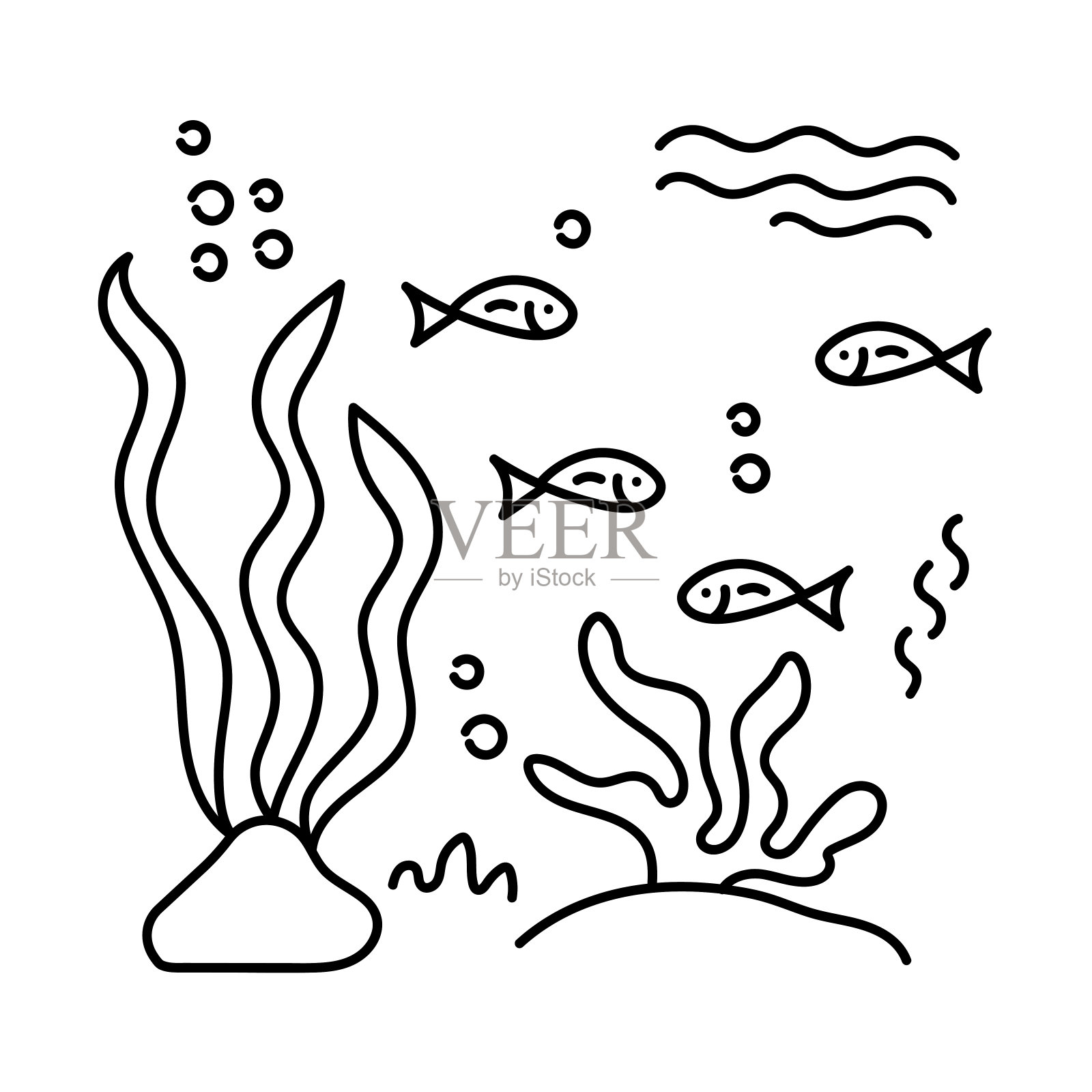 色素。水下居民和藻类，涂色书。鱼和植物。白色背景上孤立的海洋动植物涂鸦。适合成人和儿童的抗压力绘画插画图片素材