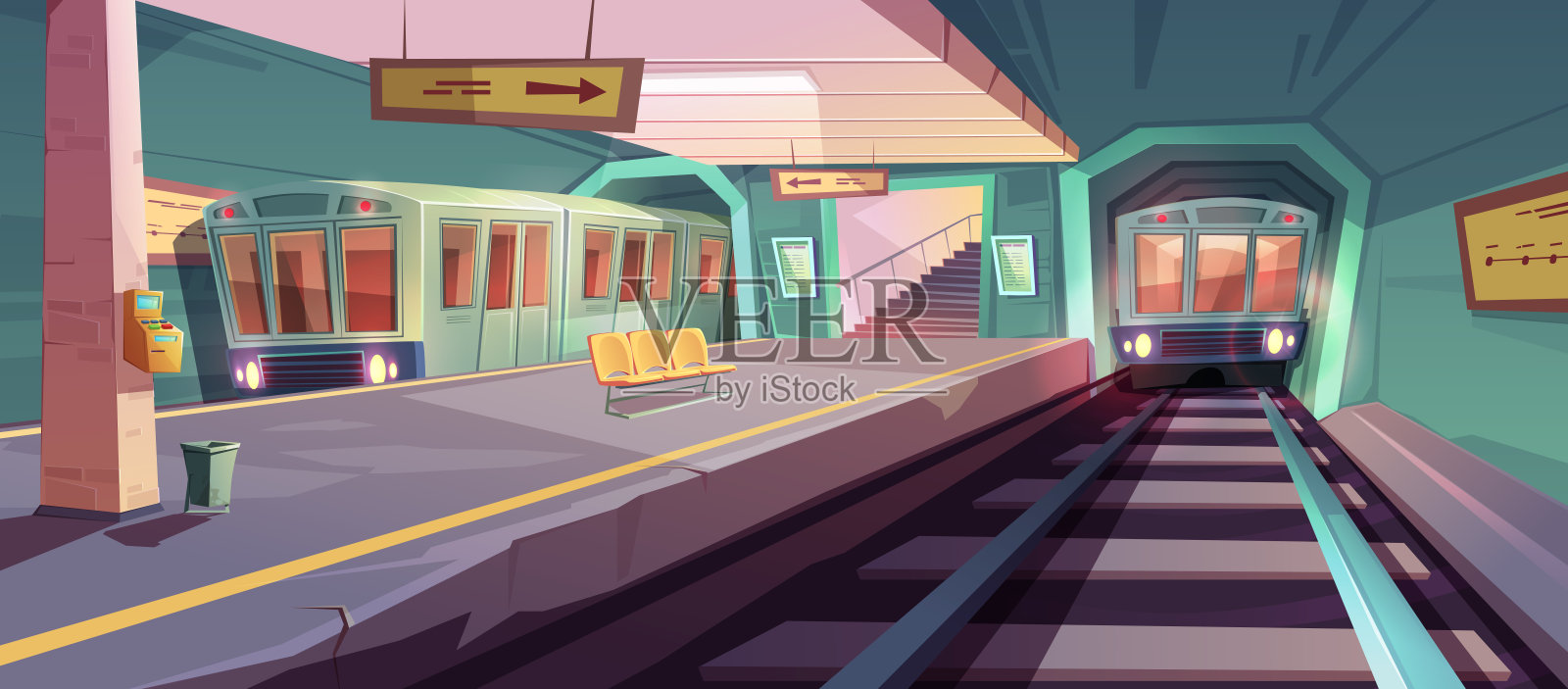 空的地铁站台和进站的列车插画图片素材