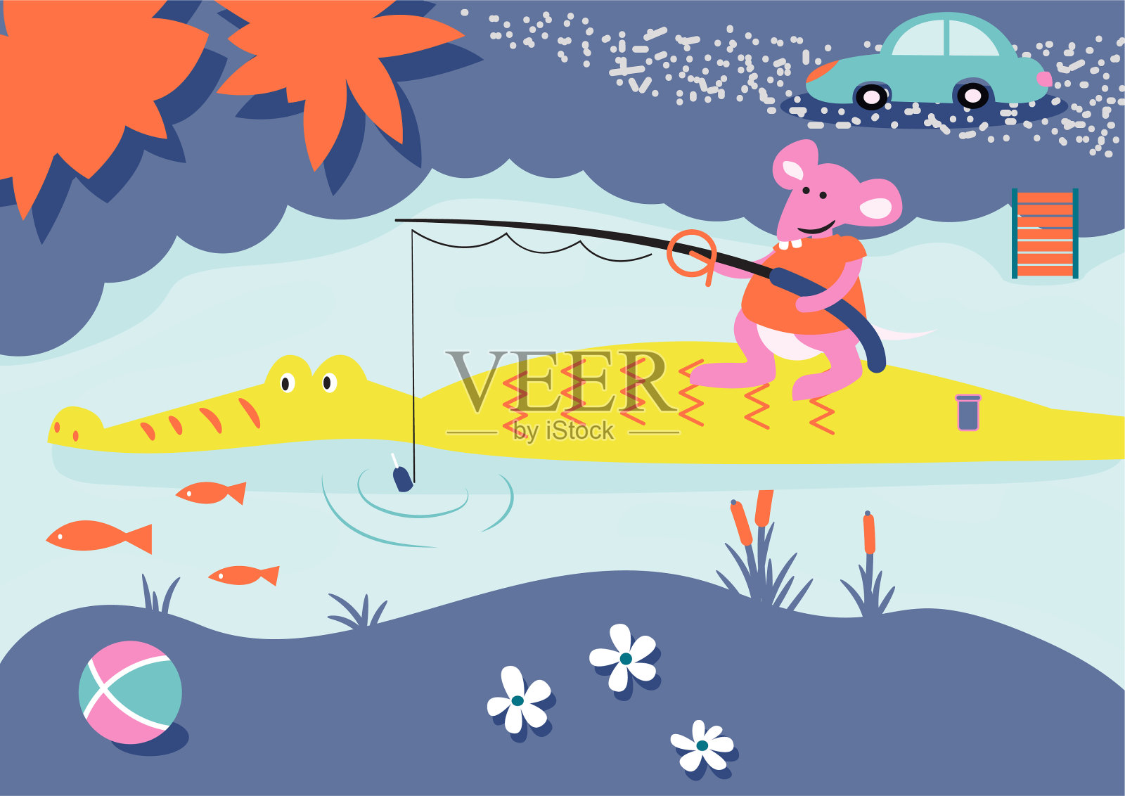 卡通钓鱼儿童书插图。老鼠和鳄鱼在河上。插画图片素材