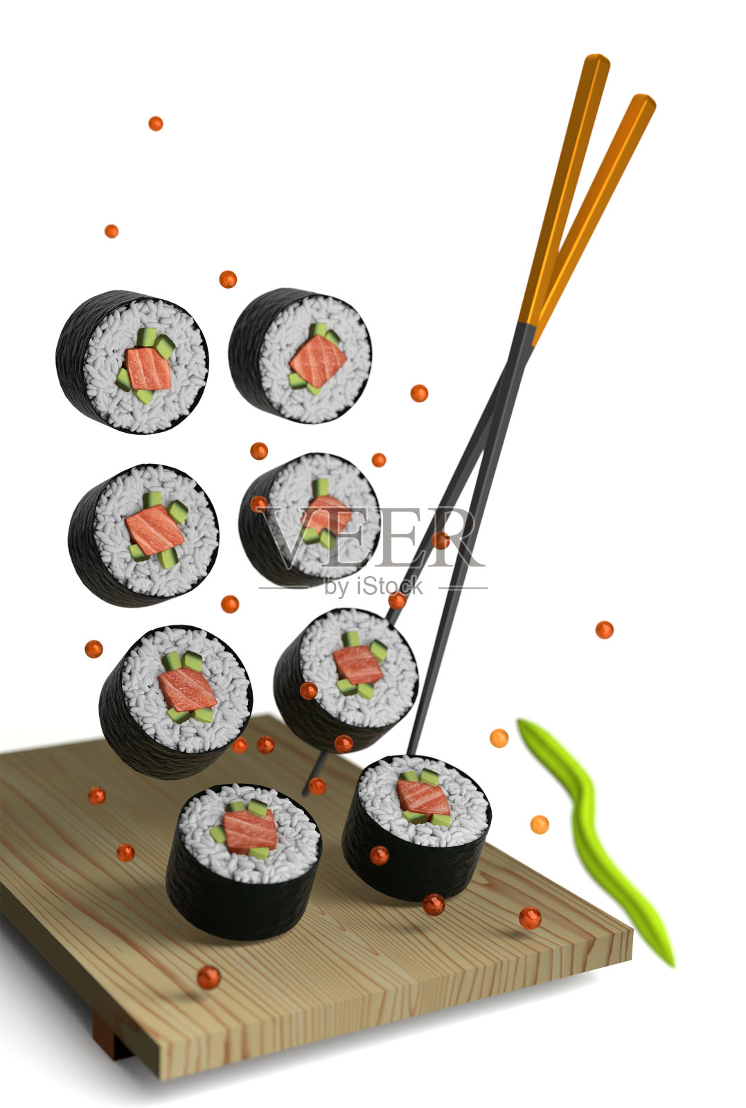 用筷子和盘子之间放置寿司片的3d渲染构图。飞片，红鱼子酱，葱和芝麻在白色背景上分离。流行寿司食物的垂直概念照片摄影图片