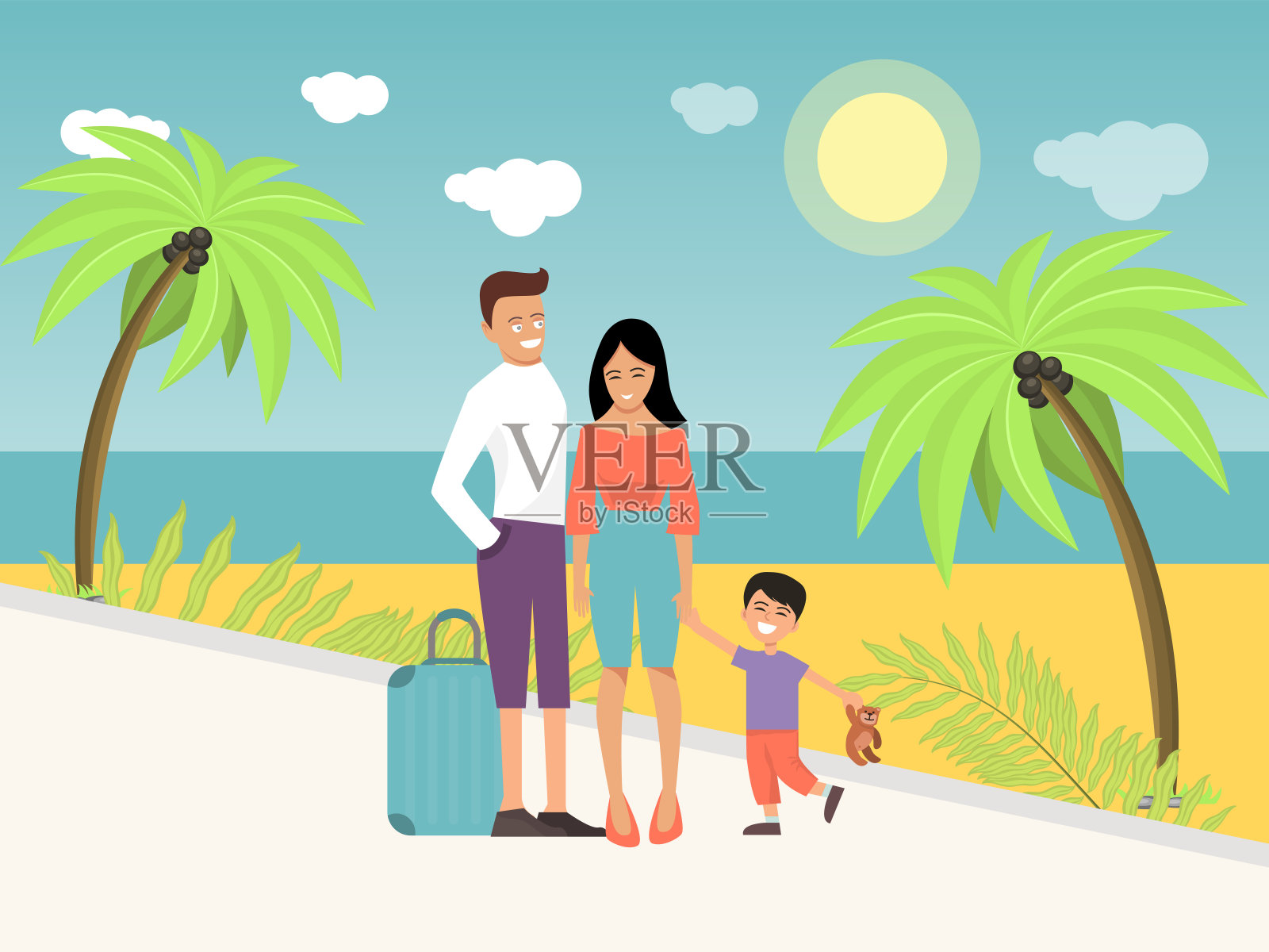 家人来到海滩度假矢量插图。幸福的家庭在海滨度假。插画图片素材