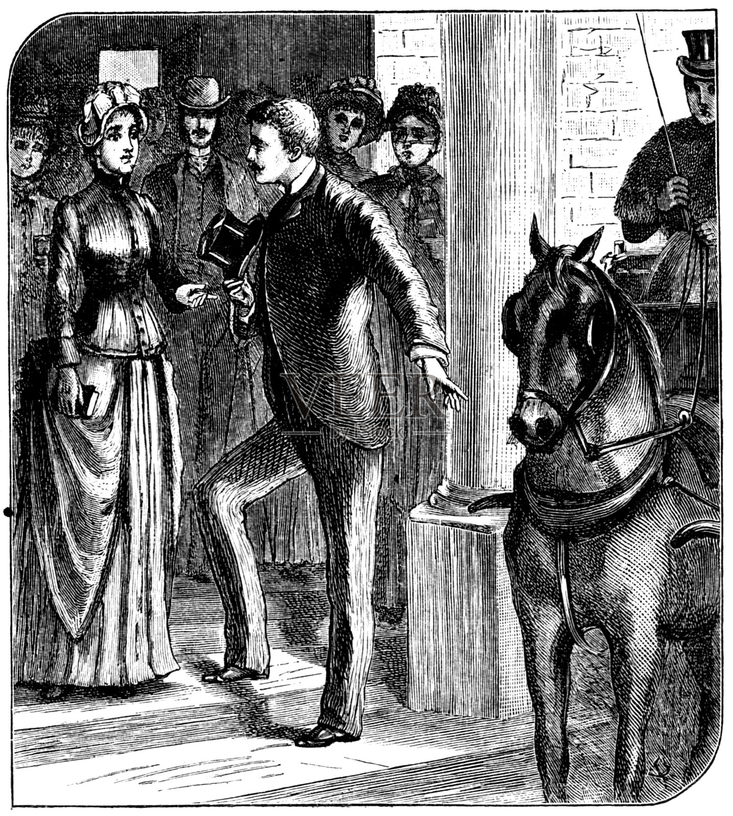 19世纪的版画《我们自己的公报》1887年;一个男人在台阶上问候一位年轻的女士，维多利亚式的浪漫插画图片素材