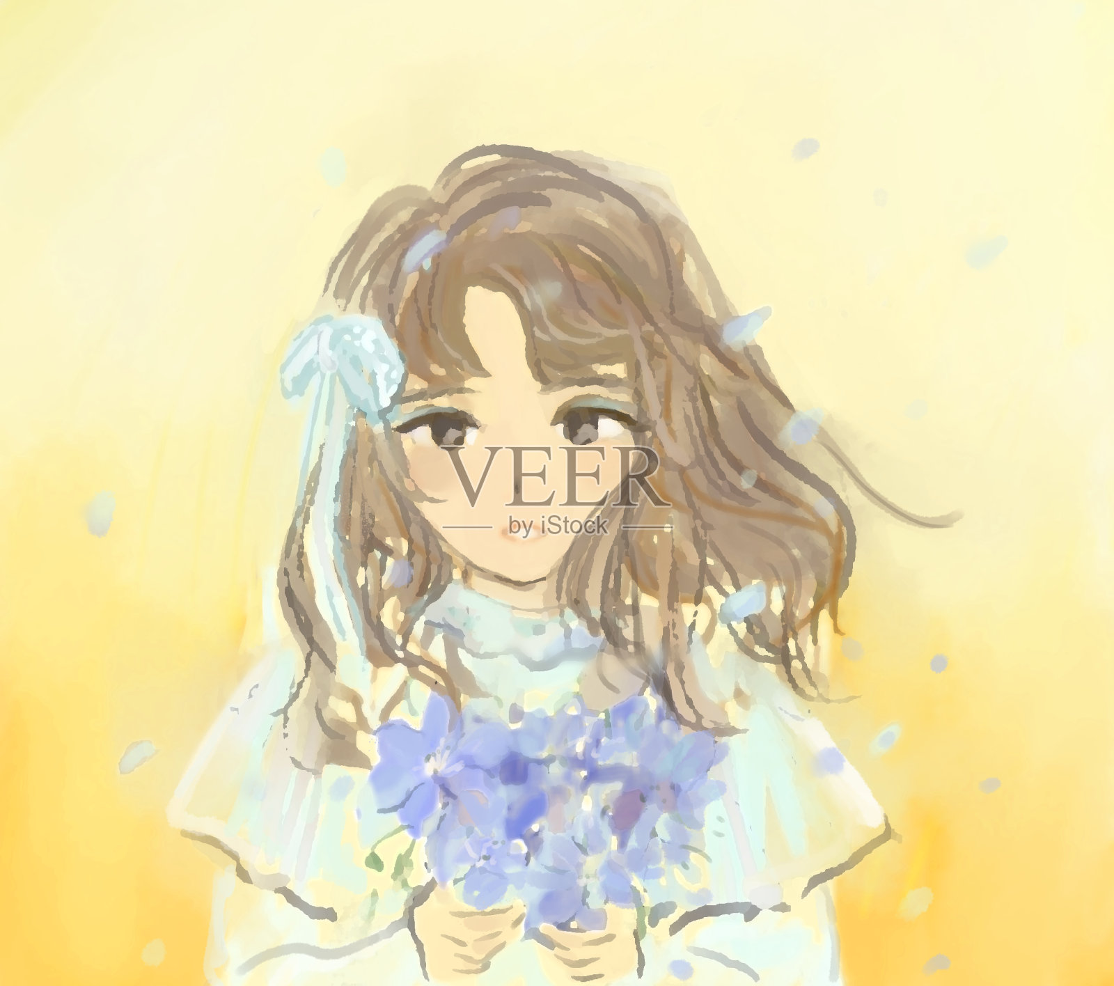 女孩插图与蓝色的花。插画图片素材