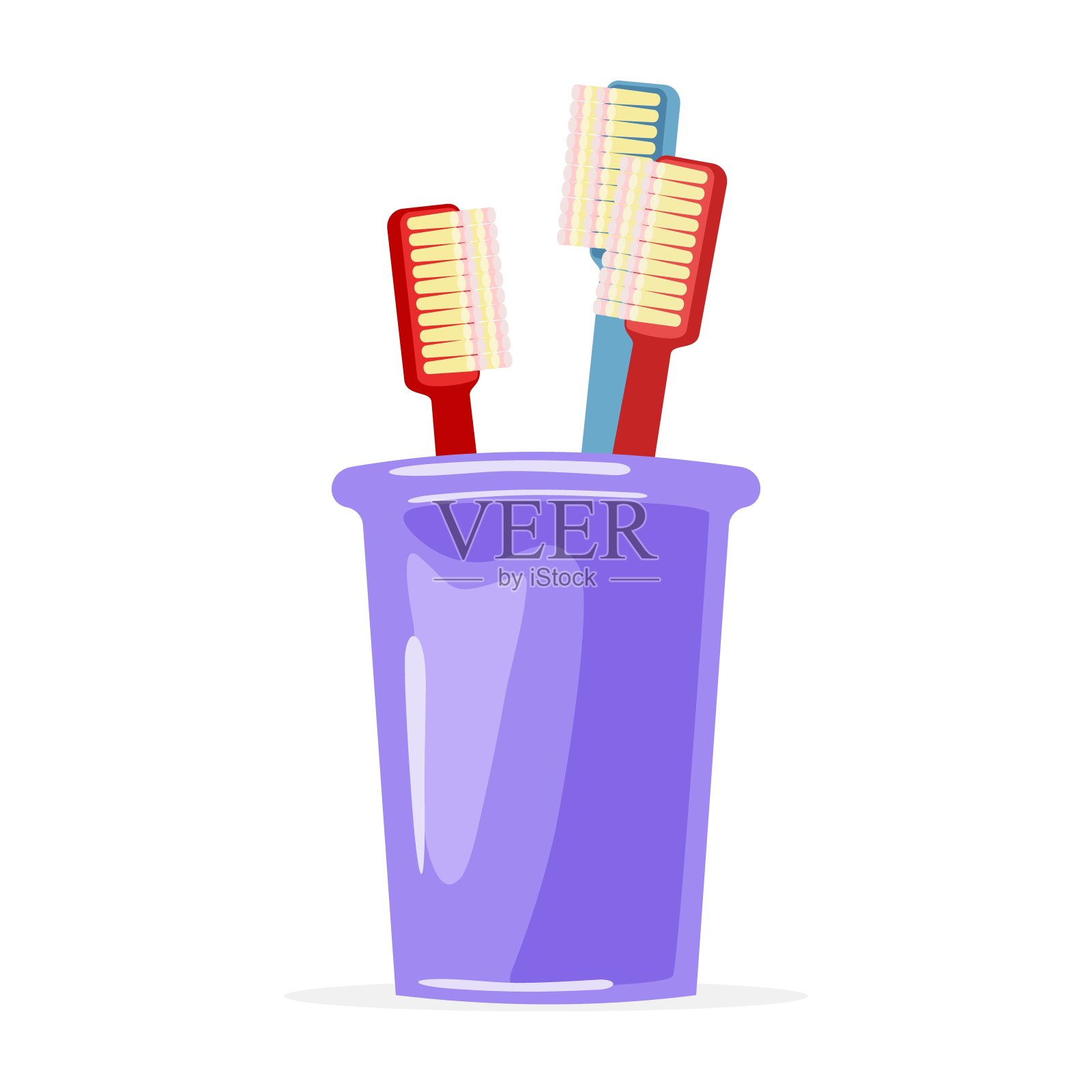 两把红色和蓝色的牙刷是用紫色玻璃装的。家庭洗漱用品，口腔个人卫生用品插画图片素材