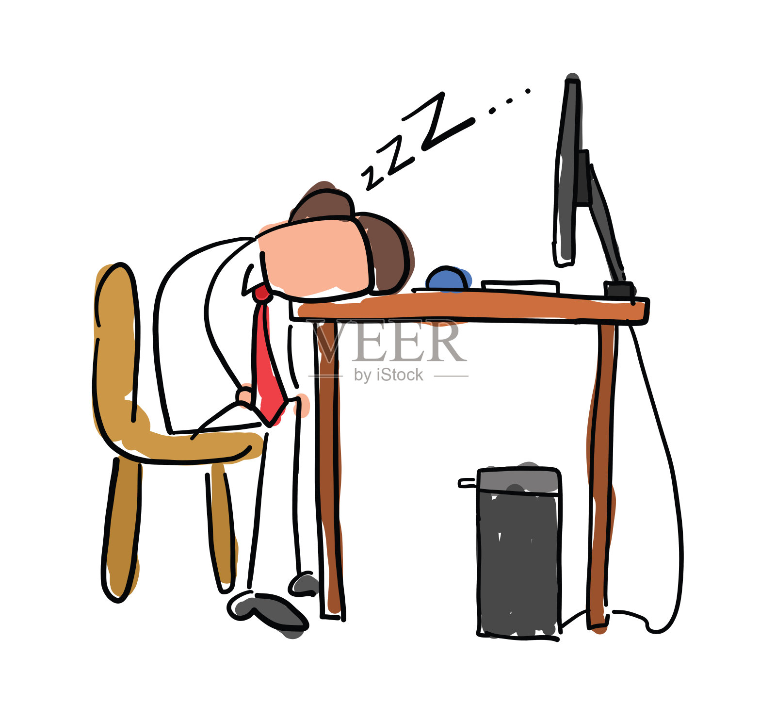 快速手绘不知名的商人角色疲倦和睡在电脑桌上。插画图片素材