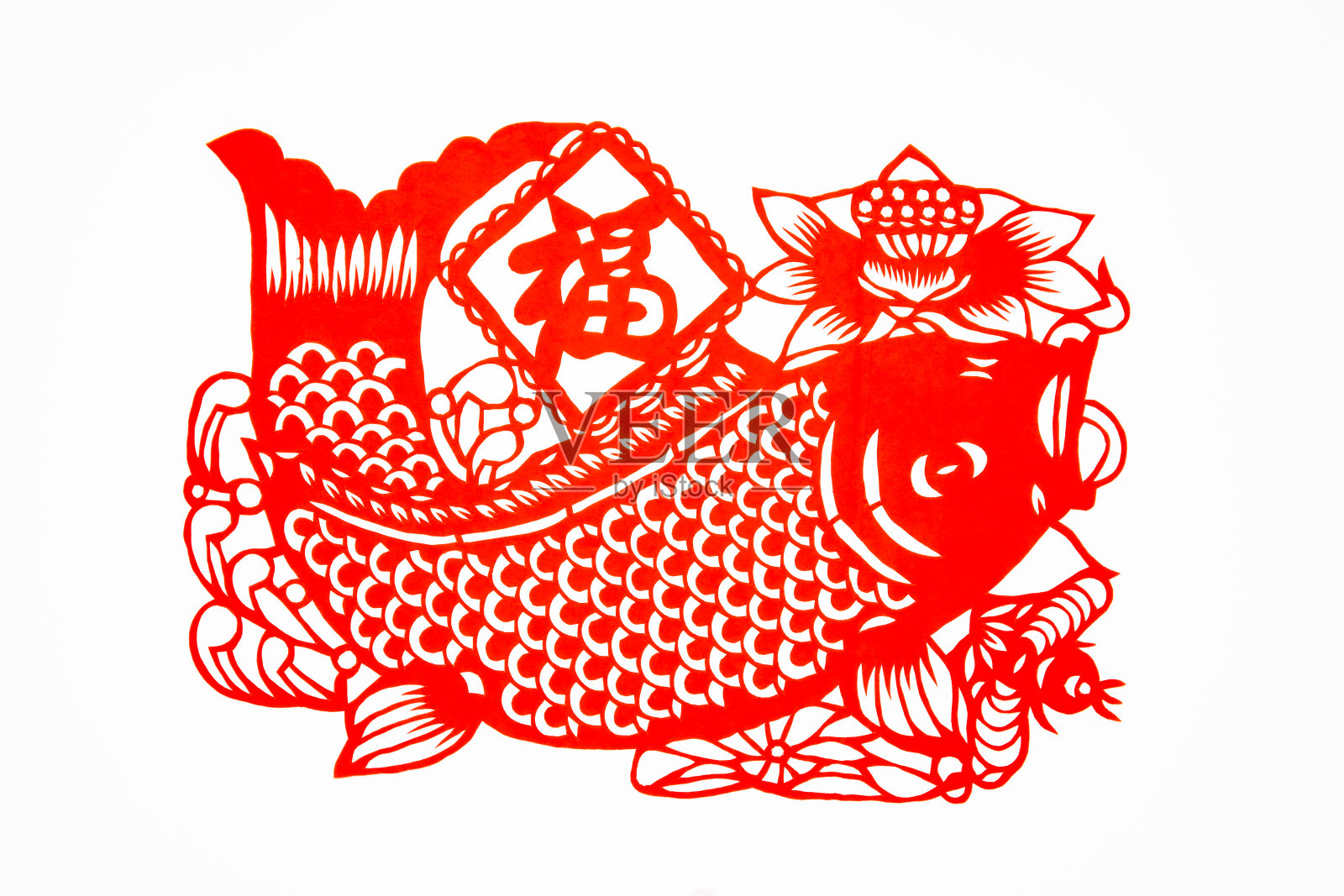中国传统剪纸艺术图案、花窗。象征着幸福和好运。中国新年装饰元素。中国鲤鱼剪纸艺术。汉字(福、寿、安、财、丰)照片摄影图片