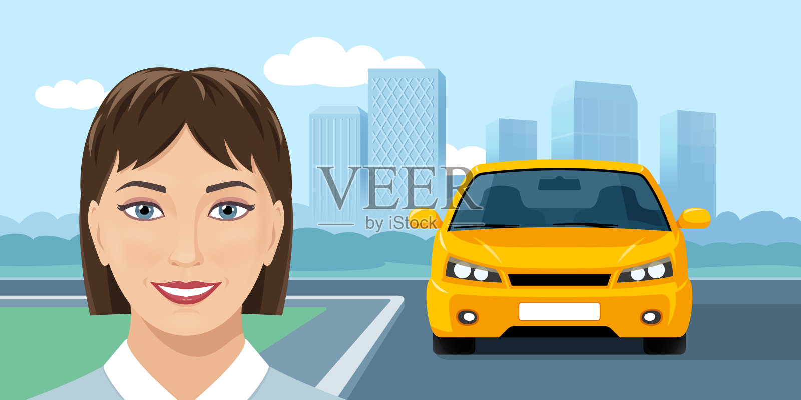 微笑的年轻女子和黄色汽车在城市背景。网络横幅设计插画图片素材