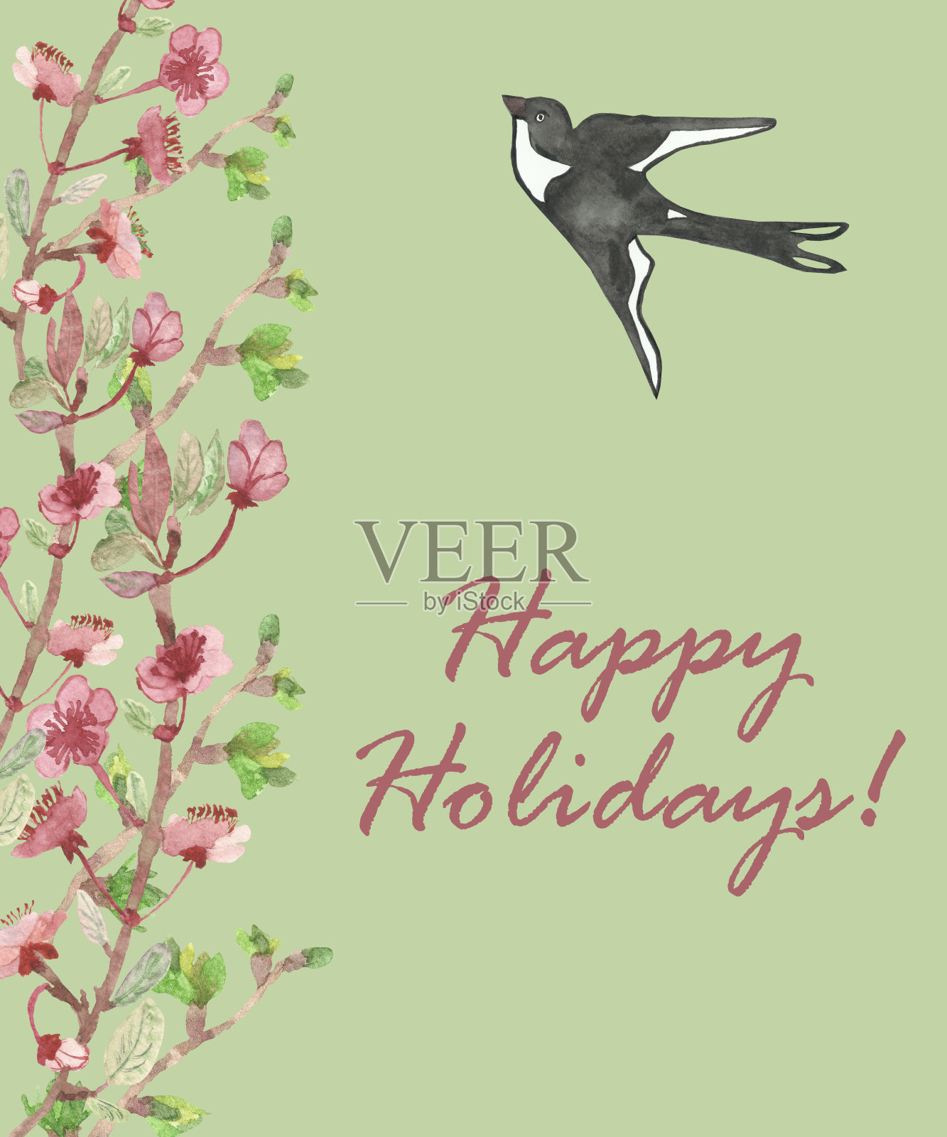 水彩手画自然季节花卉组成与粉红色的苹果花，绿色的树枝，黑色和白色的燕子鸟与快乐的节日文字在绿色的背景贺卡设计模板素材