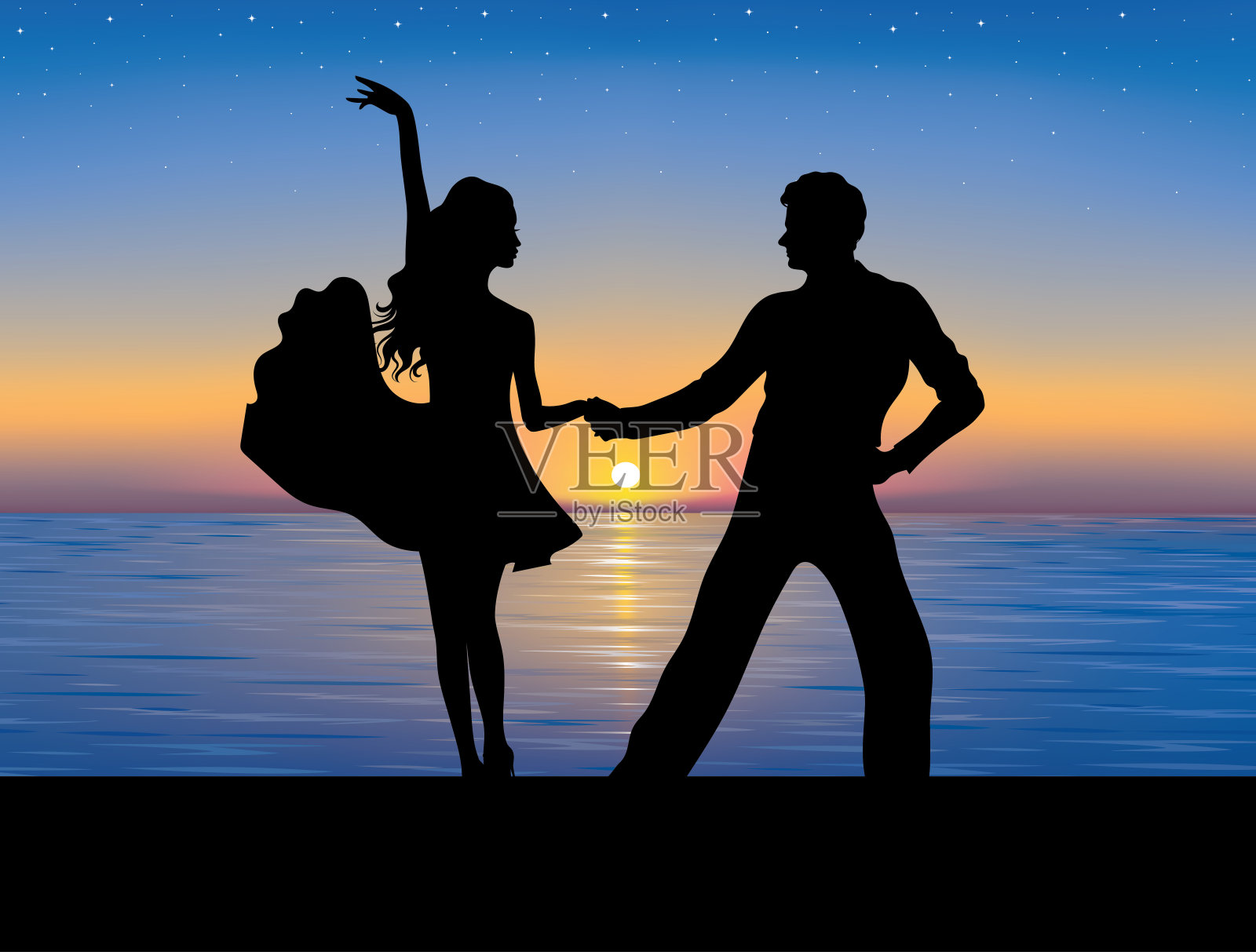 情侣舞蹈的剪影。夕阳在背景上。插画图片素材